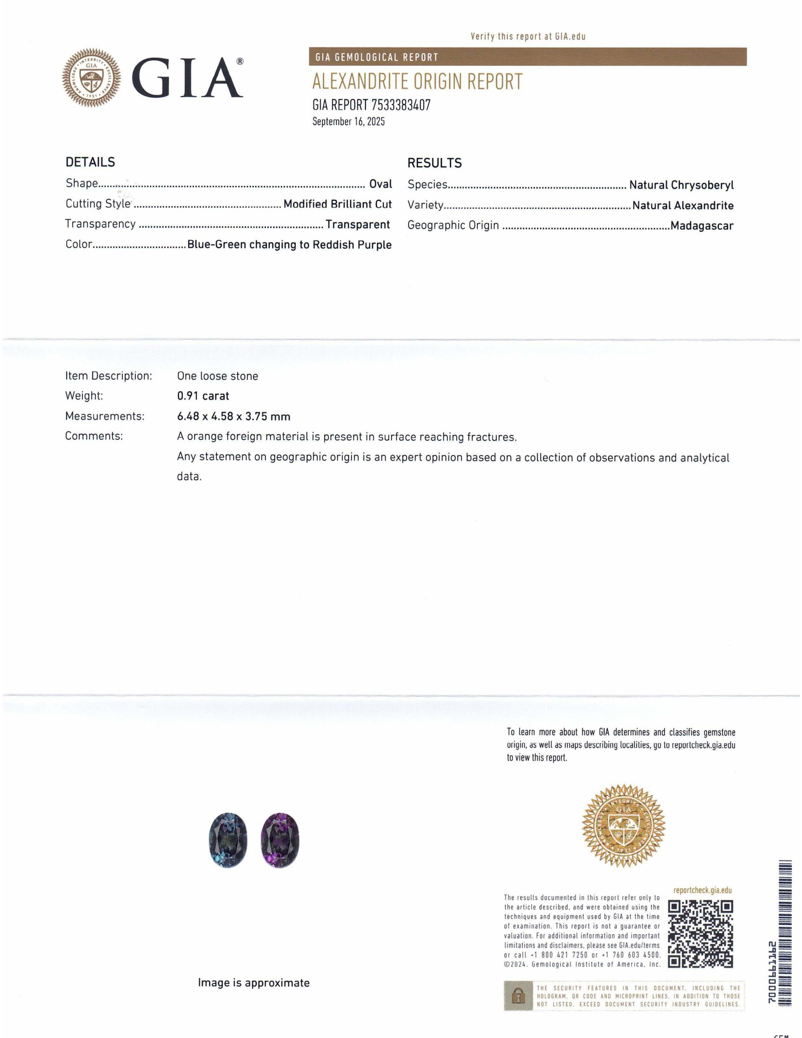 Se trata de una impresionante Alejandrita certificada por GIA 


El informe de la GIA dice lo siguiente:

Número de informe GIA: 7533383407
Forma: Oval
Estilo de talla: Talla brillante modificada
Estilo de corte: Corona: 
Estilo de corte: Pabellón: