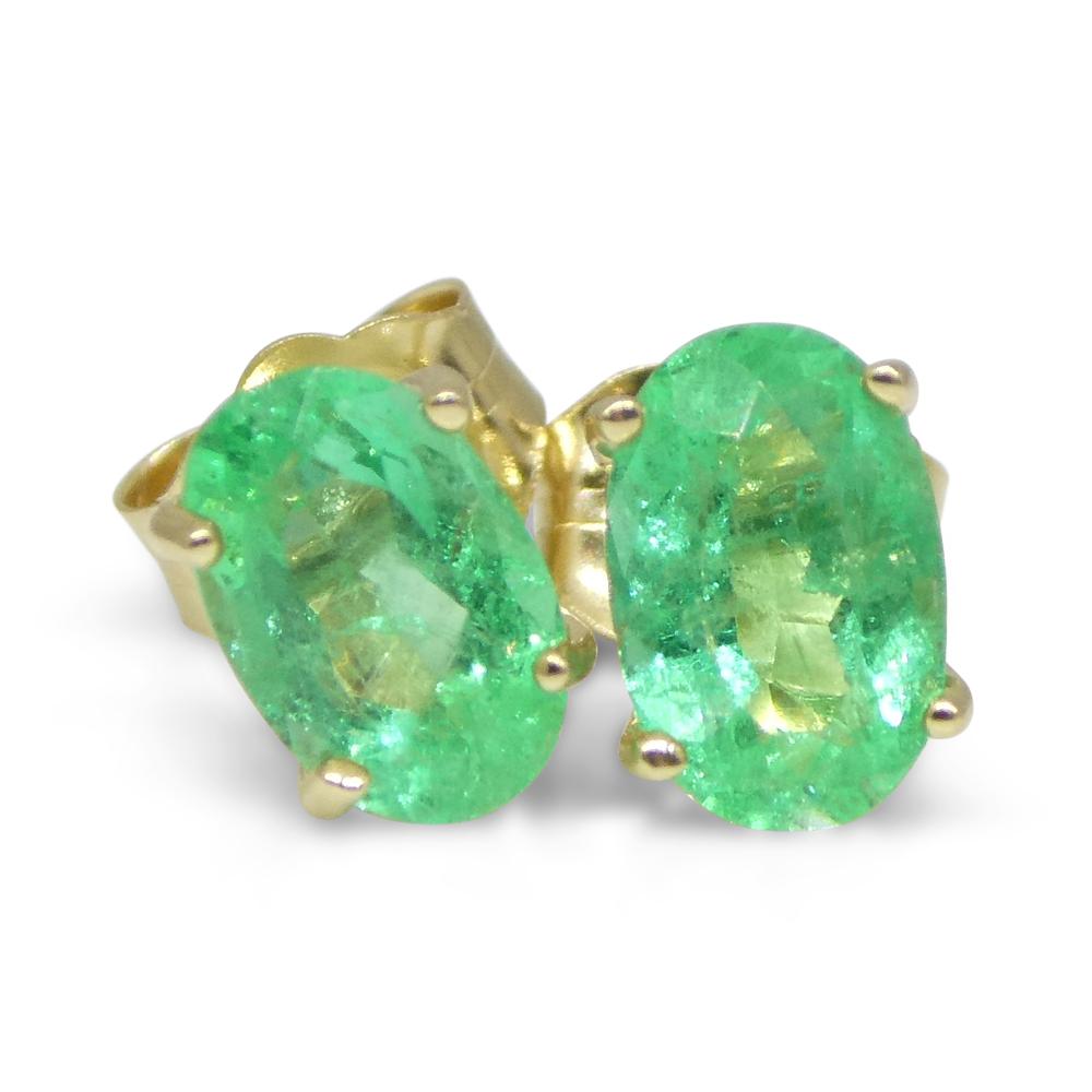 0.91ct Oval Green Colombian Emerald Stud Earrings set in 14k Yellow Gold For Sale 7