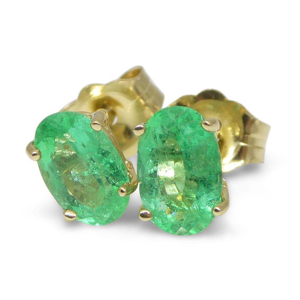 Contemporary 0.91ct Oval Green Colombian Emerald Stud Earrings set in 14k Yellow Gold For Sale