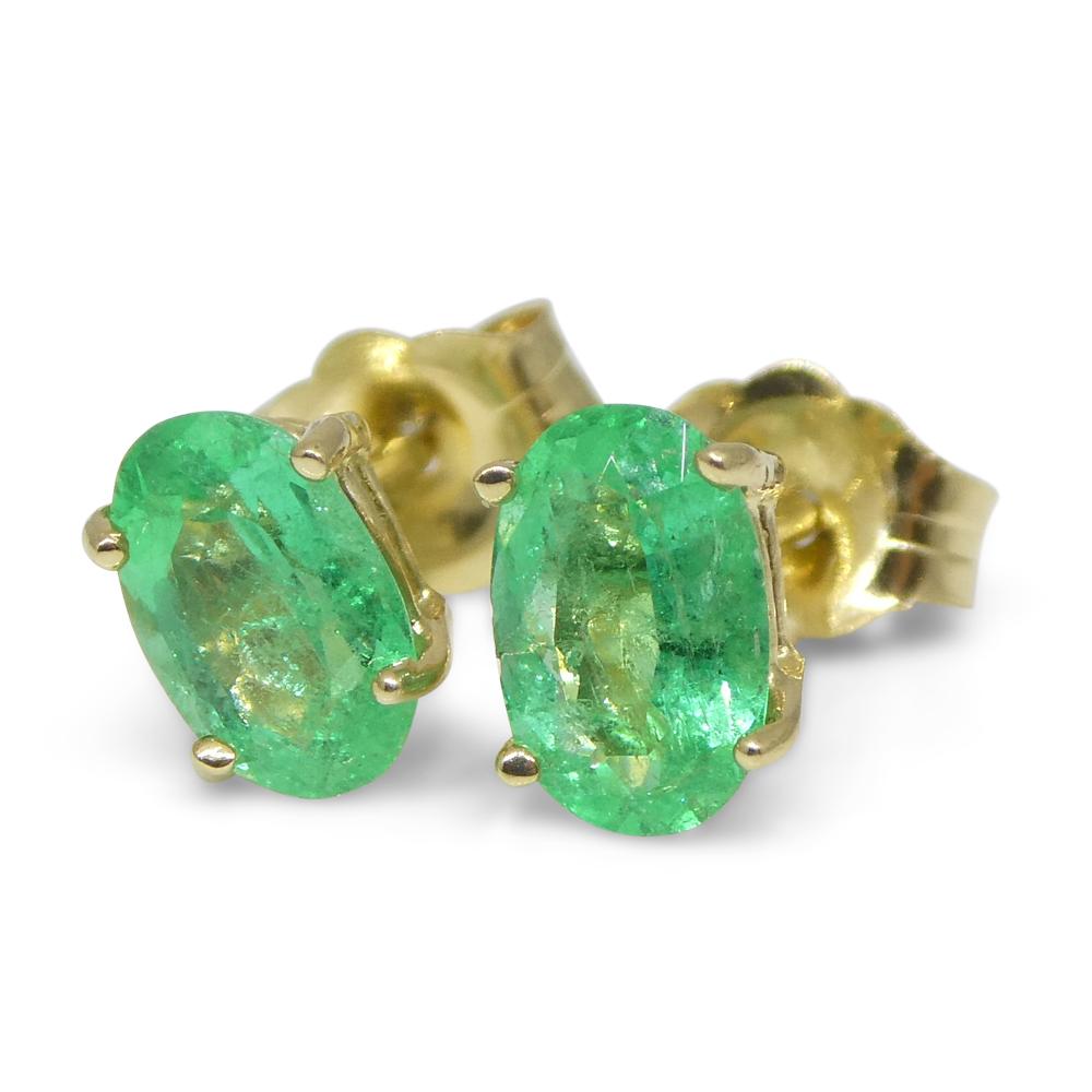 0.91ct Oval Green Colombian Emerald Stud Earrings set in 14k Yellow Gold For Sale 1