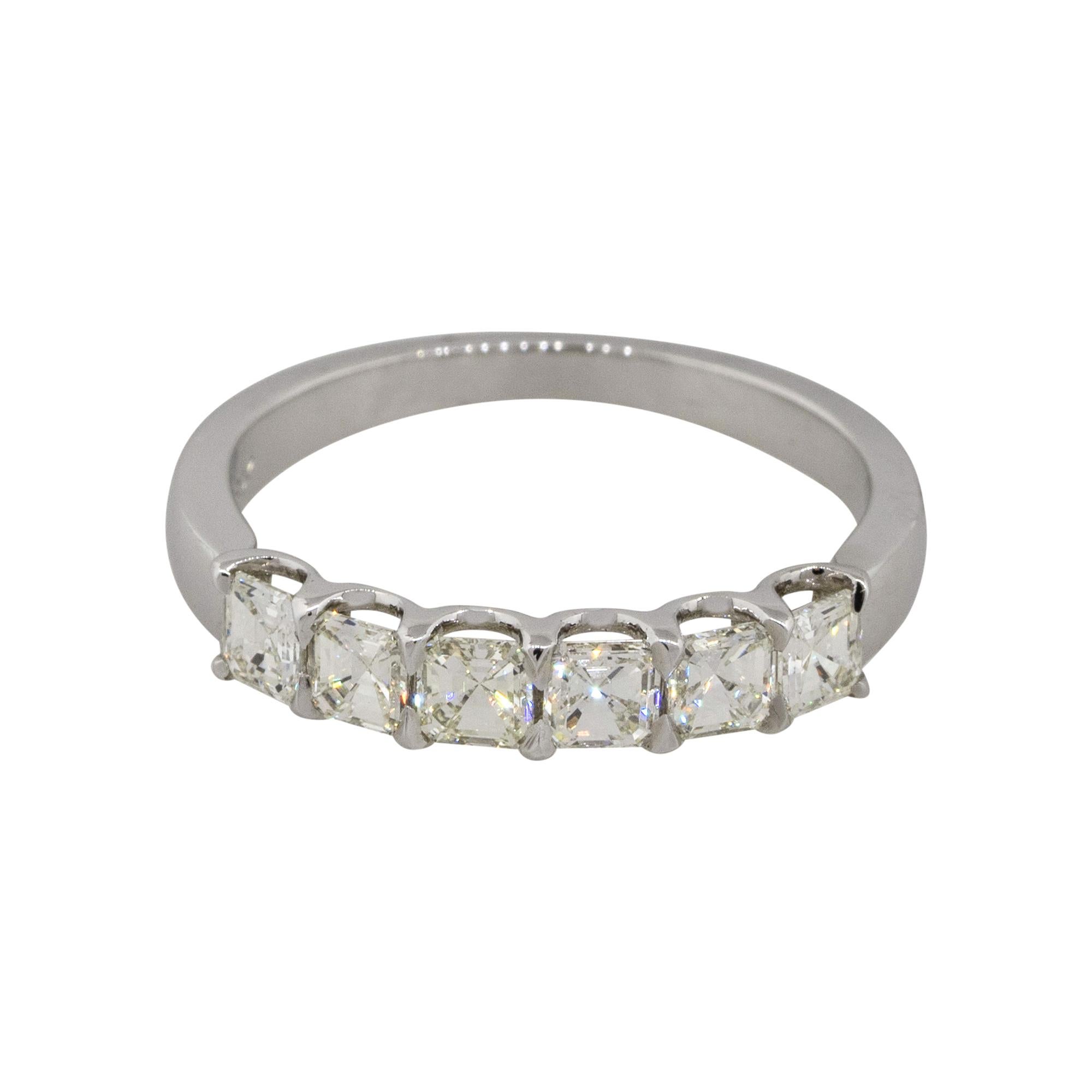 0.92 Carat Asscher Cut Diamond Six Stone Bridal Ring 18 Karat in Stock In Excellent Condition For Sale In Boca Raton, FL