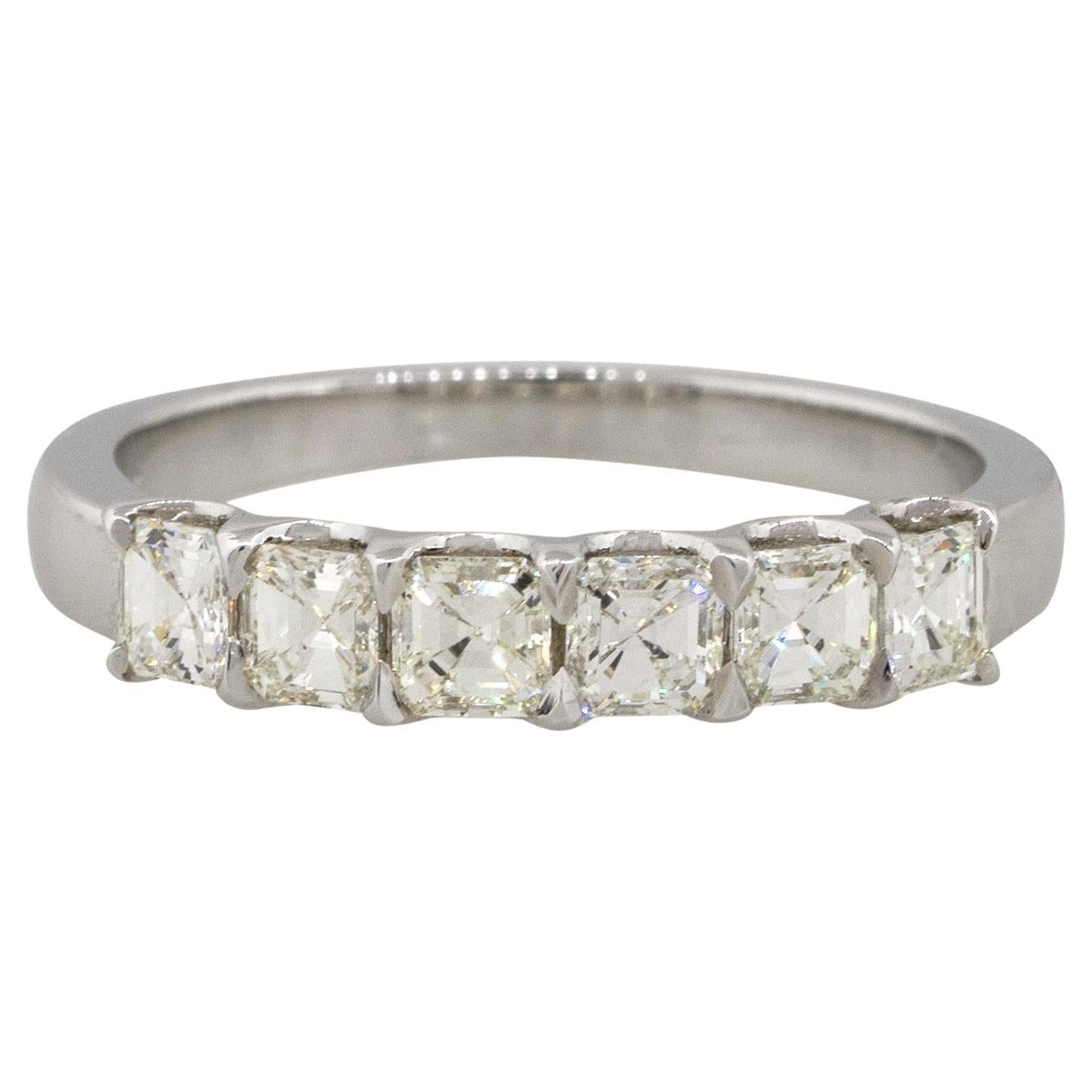 0.92 Carat Asscher Cut Diamond Six Stone Bridal Ring 18 Karat in Stock For Sale