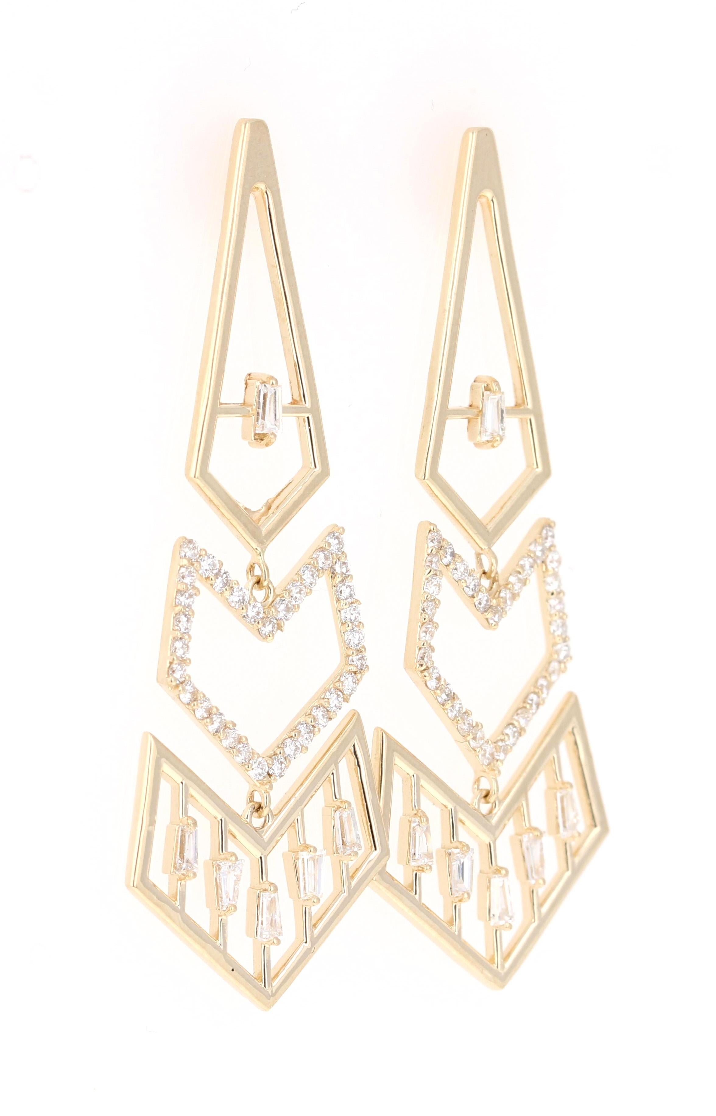 These Earrings are inspired by the Art-Deco Era. 
The Earrings have 12 Baguette Cut Diamonds that weigh 0.40 Carats and 66 Round Cut Diamonds that weigh 0.52 Carats. 
The total carat weight of the earrings are 0.92 Carats. (Clarity: SI1, Color: F)