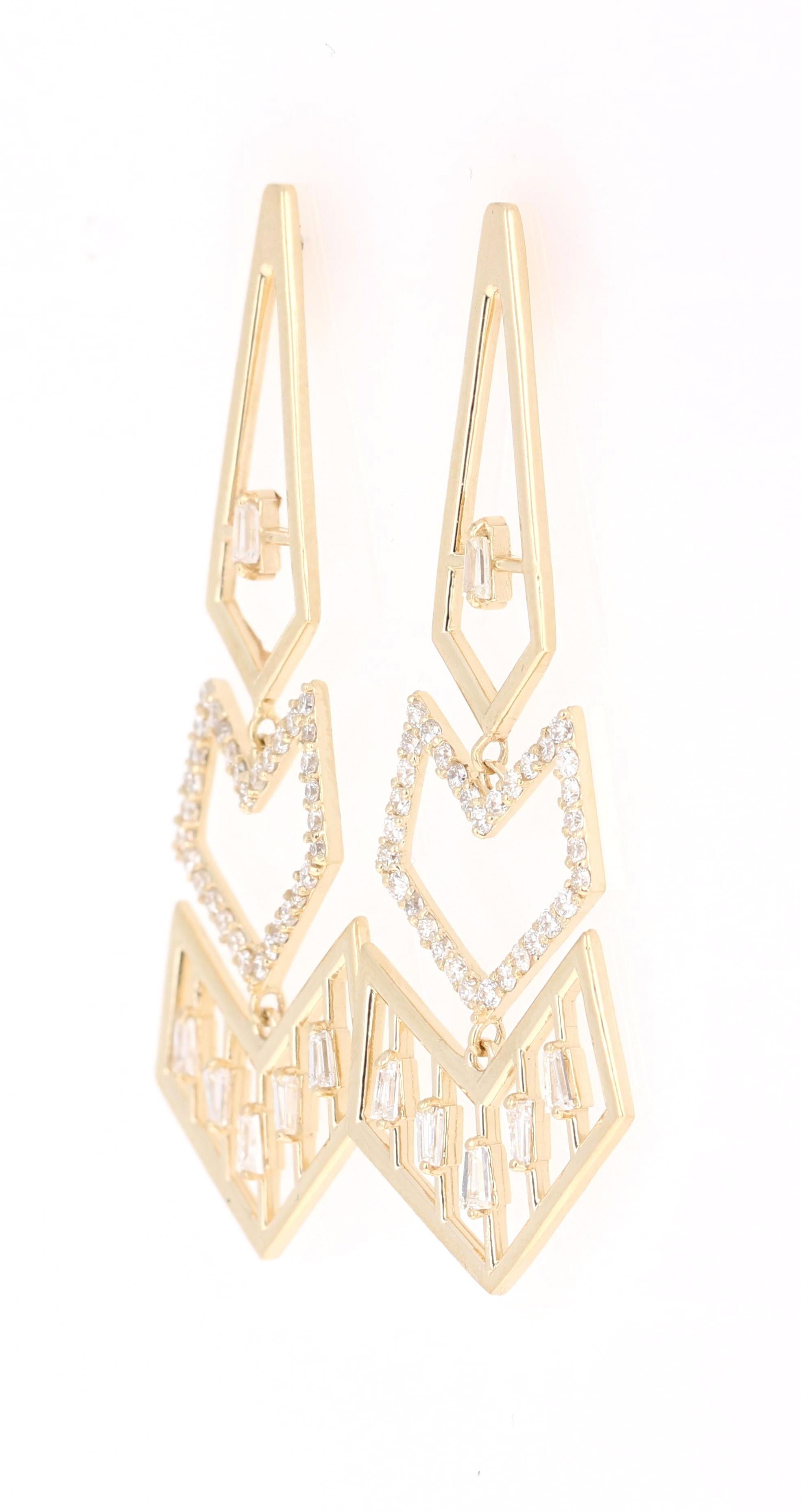 Baguette Cut 0.92 Carat Diamond 14 Karat Yellow Gold Art Deco Inspired Earrings