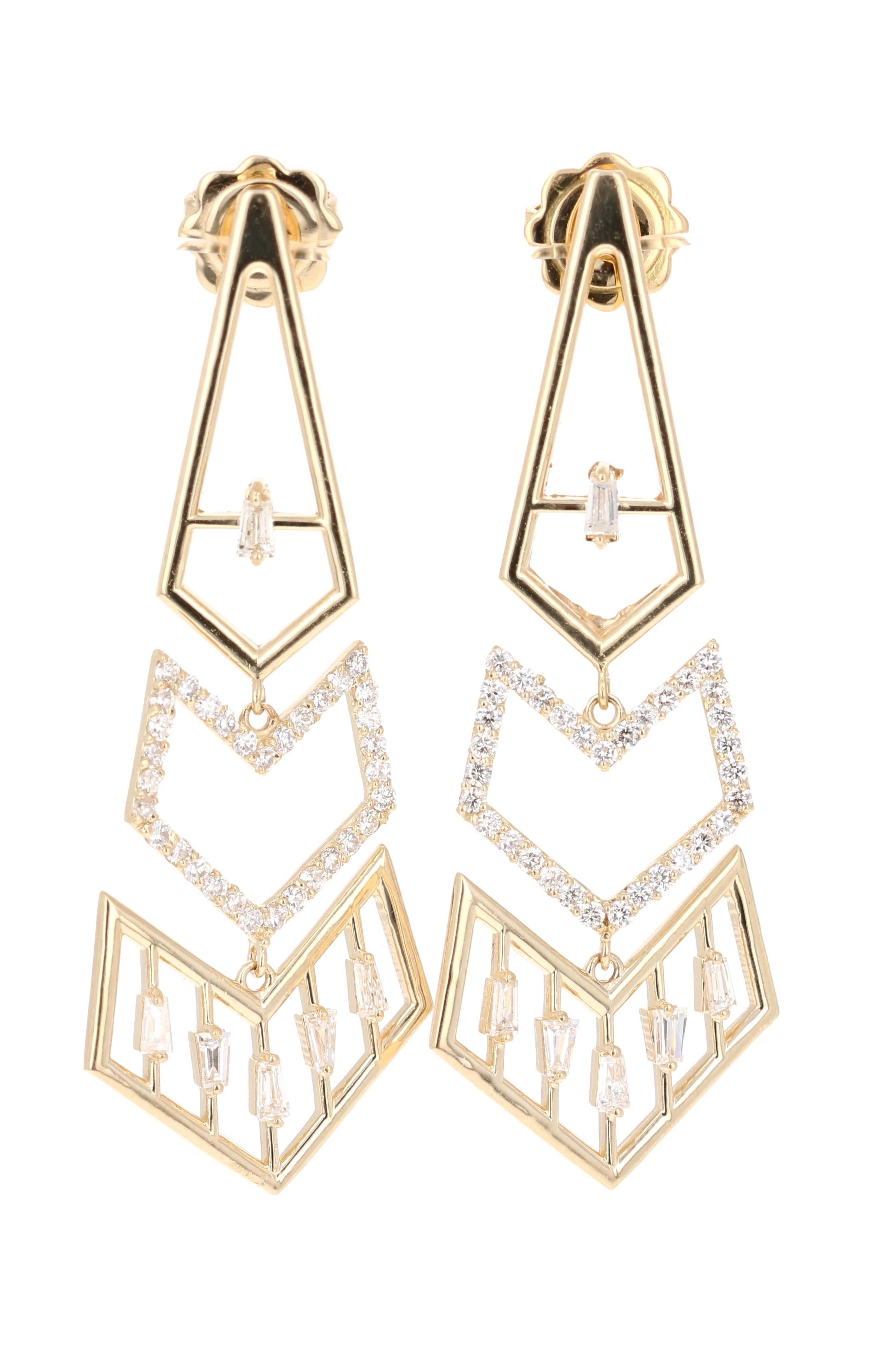 Women's 0.92 Carat Diamond 14 Karat Yellow Gold Art Deco Inspired Earrings