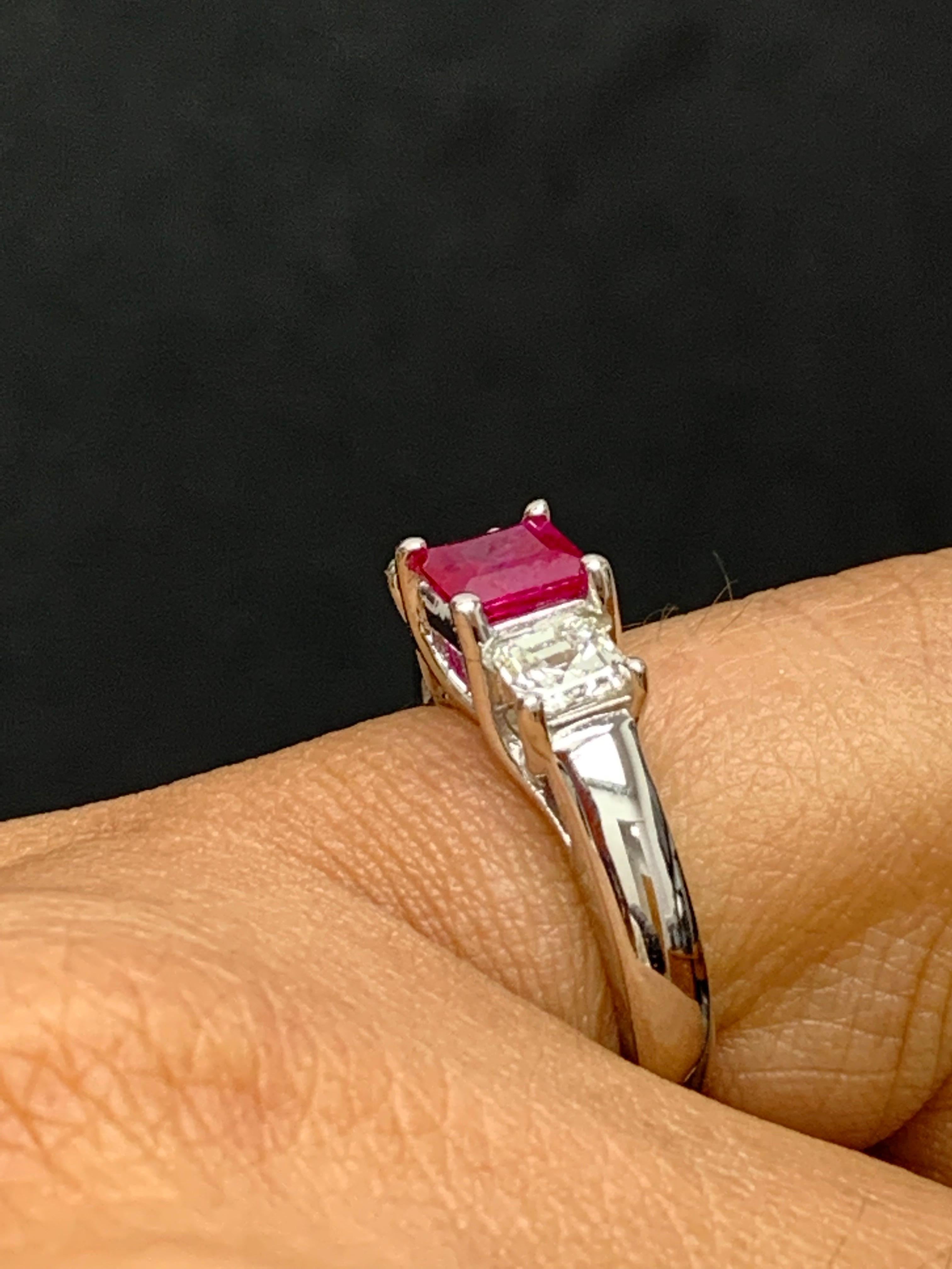0.92 Carat Emerald Cut Ruby and Diamond Three-Stone Engagement Ring in 14K For Sale 5