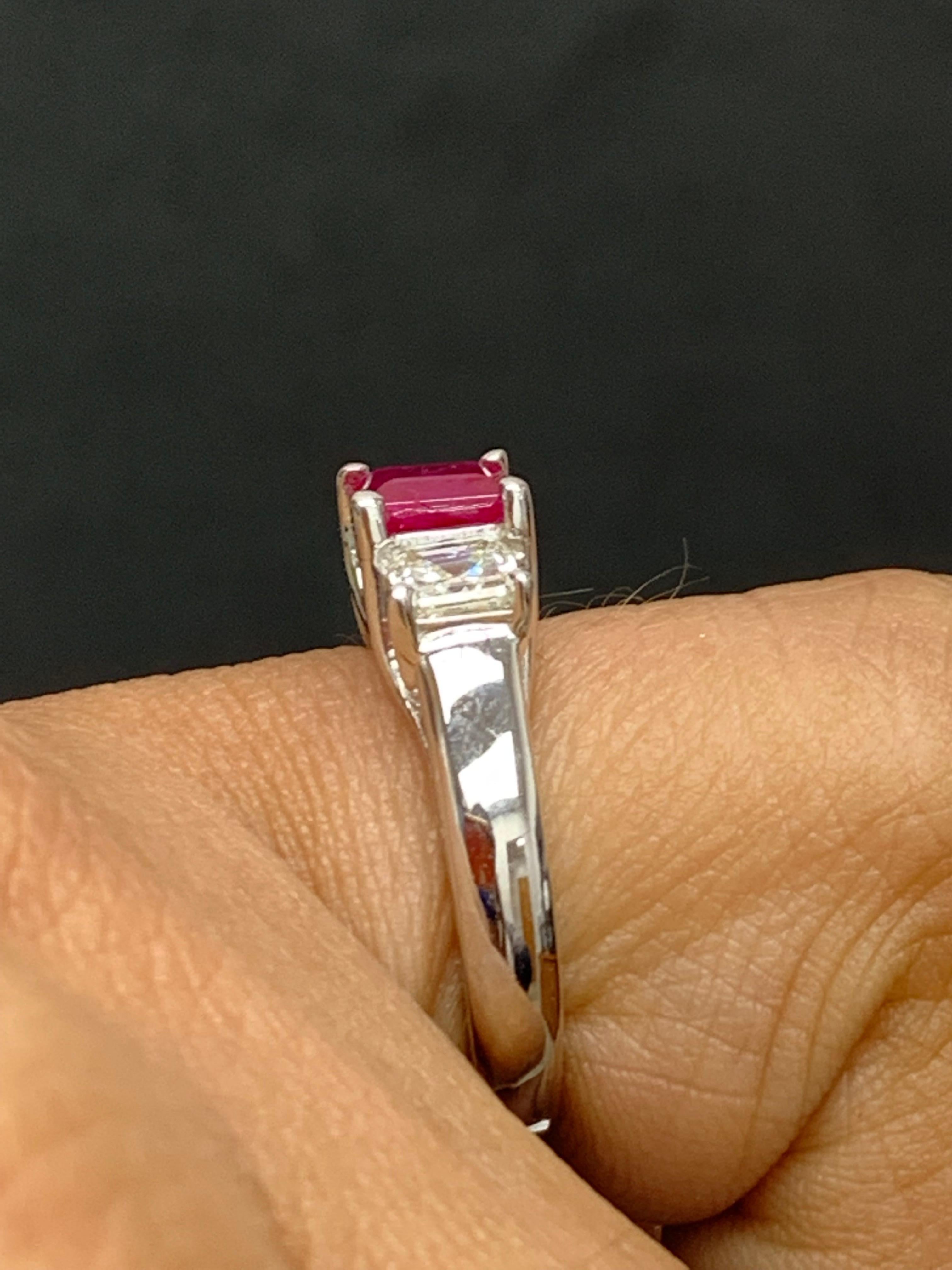 0.92 Carat Emerald Cut Ruby and Diamond Three-Stone Engagement Ring in 14K For Sale 6