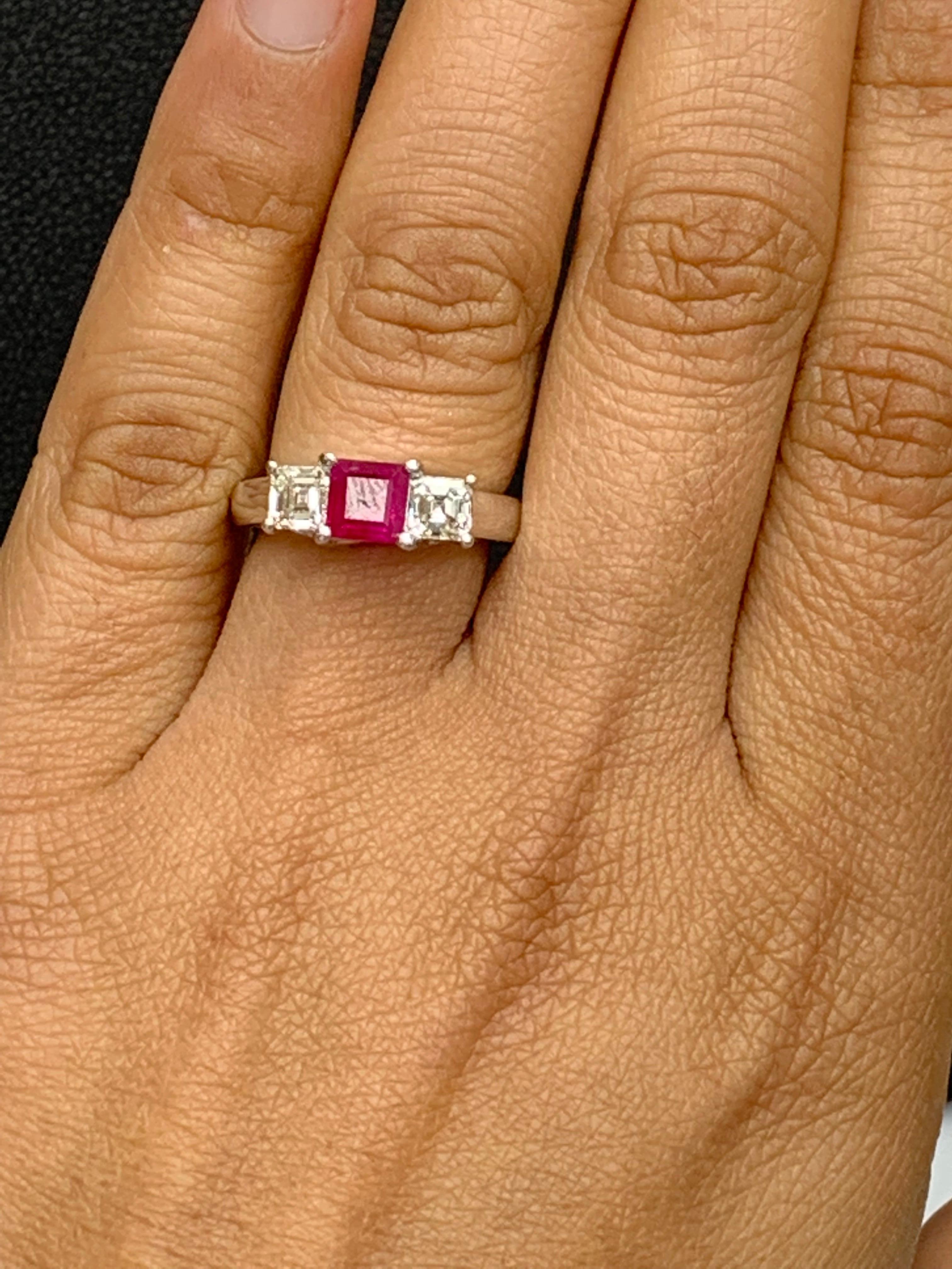 0.92 Carat Emerald Cut Ruby and Diamond Three-Stone Engagement Ring in 14K For Sale 7