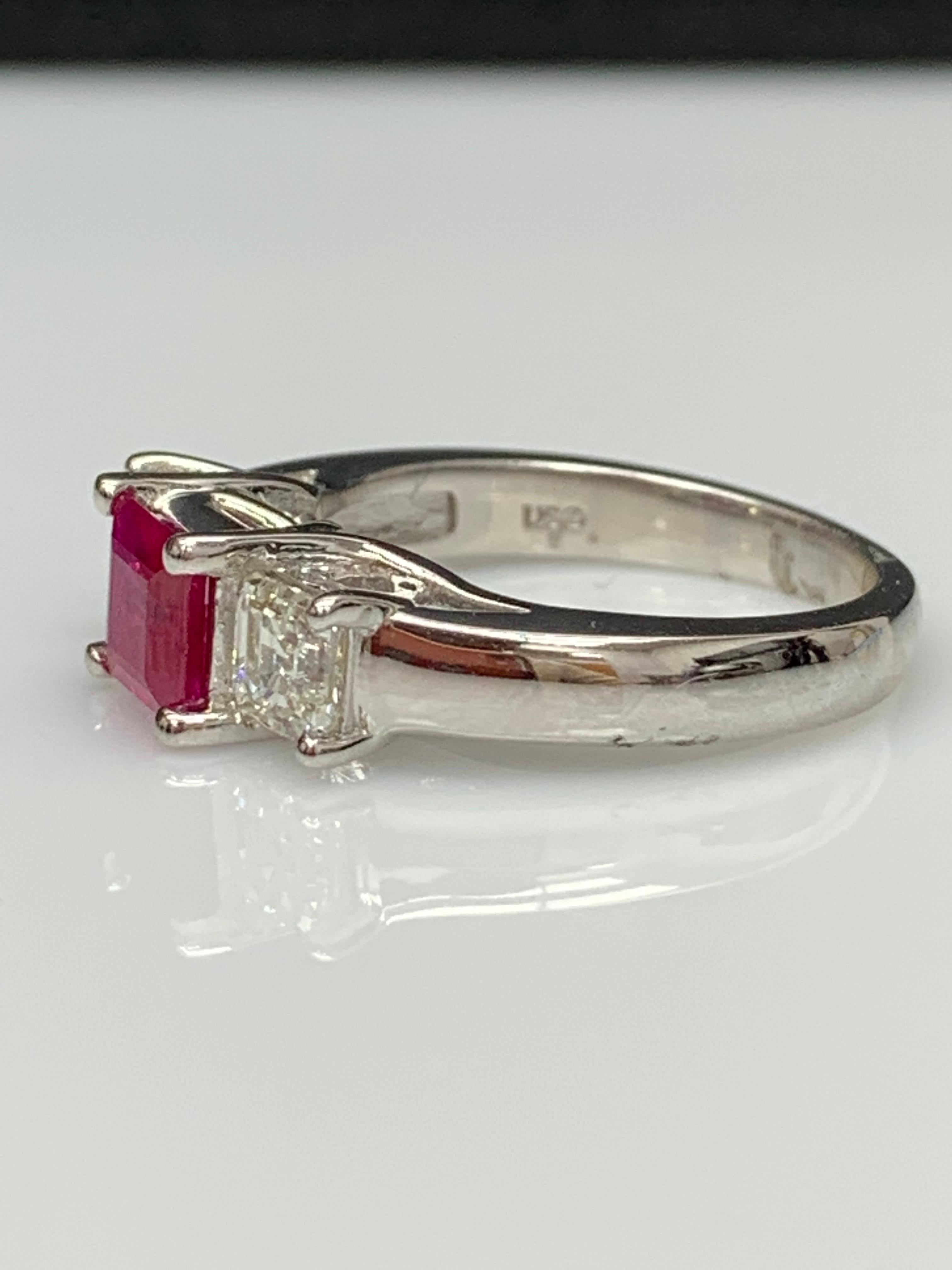 0.92 Carat Emerald Cut Ruby and Diamond Three-Stone Engagement Ring in 14K In New Condition For Sale In NEW YORK, NY