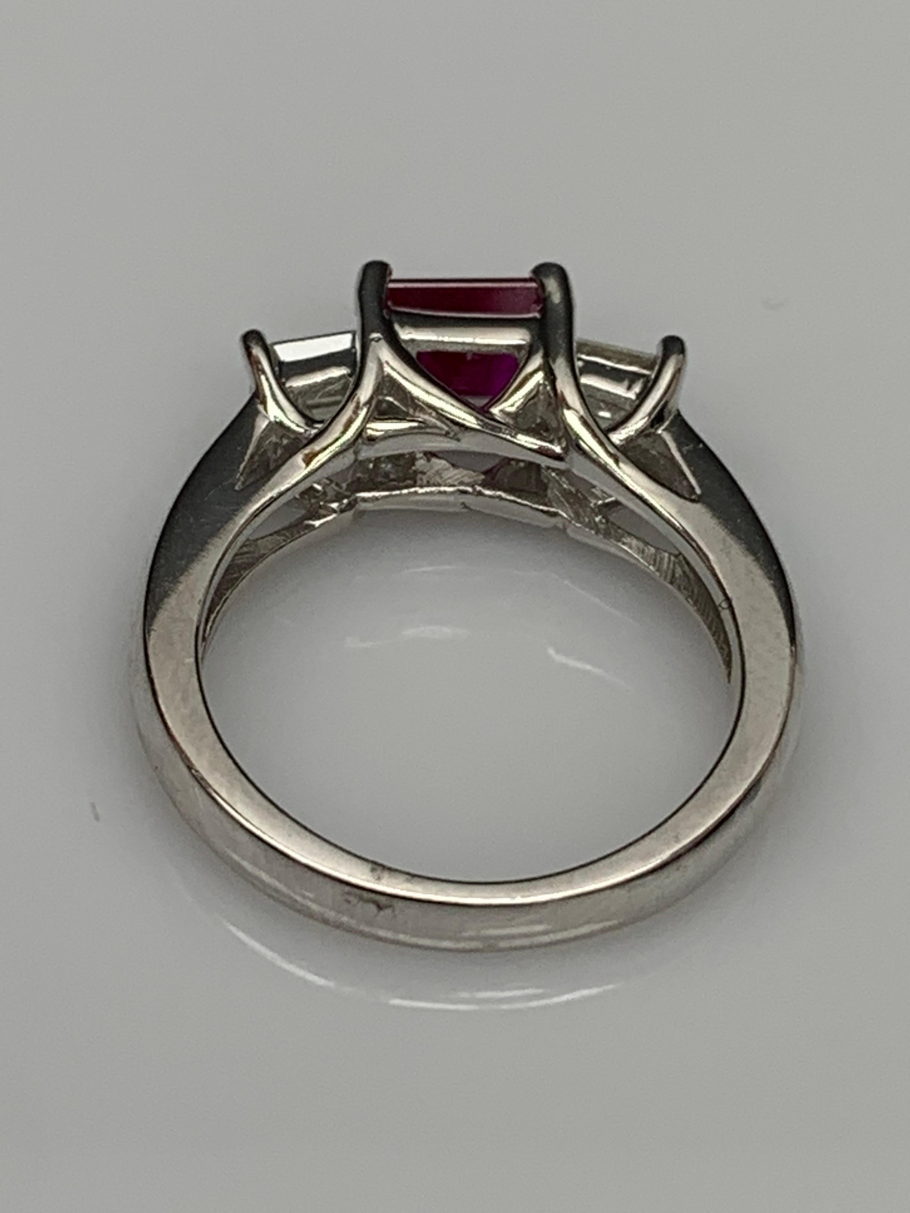 0.92 Carat Emerald Cut Ruby and Diamond Three-Stone Engagement Ring in 14K For Sale 1