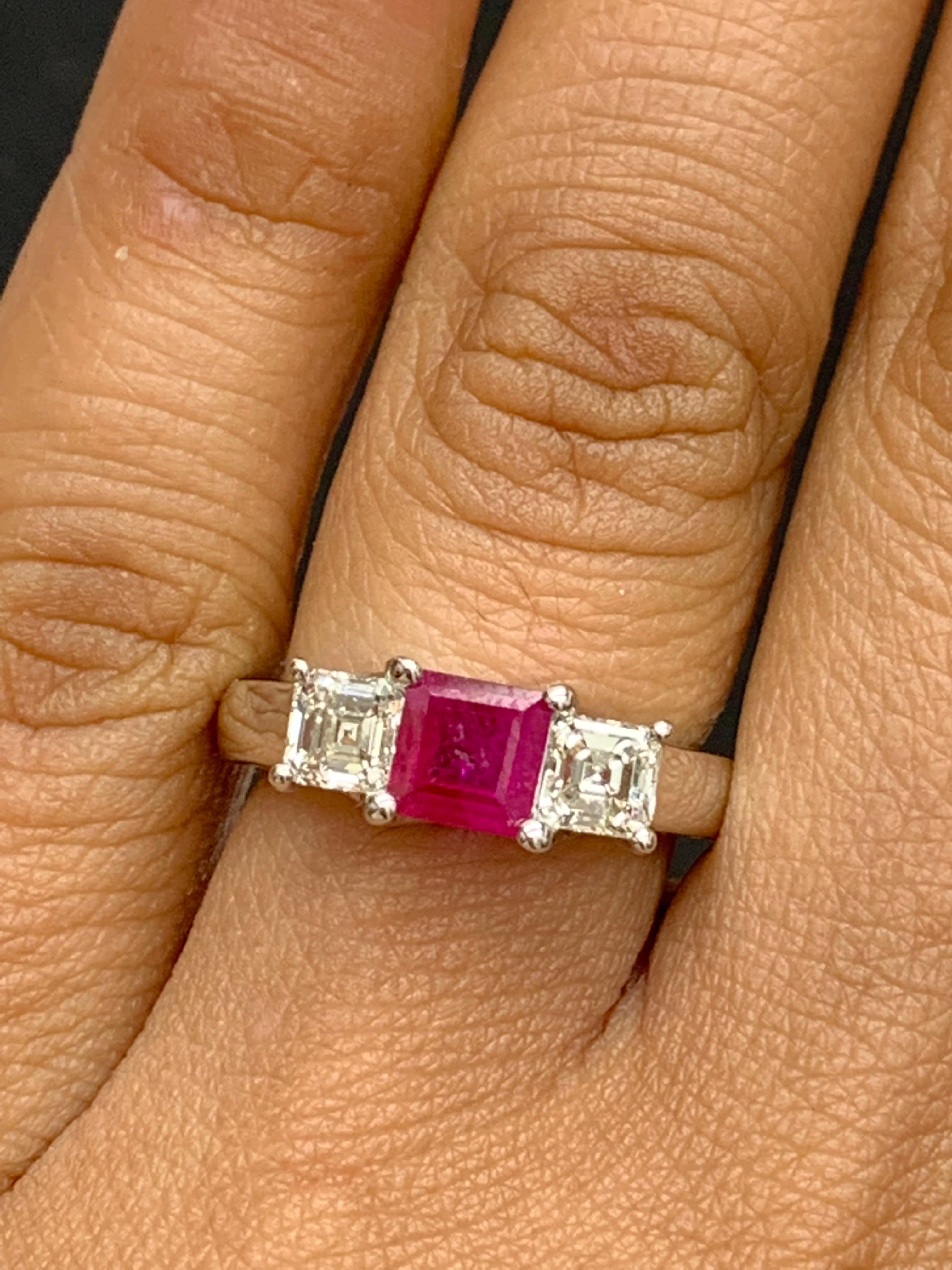 0.92 Carat Emerald Cut Ruby and Diamond Three-Stone Engagement Ring in 14K For Sale 2