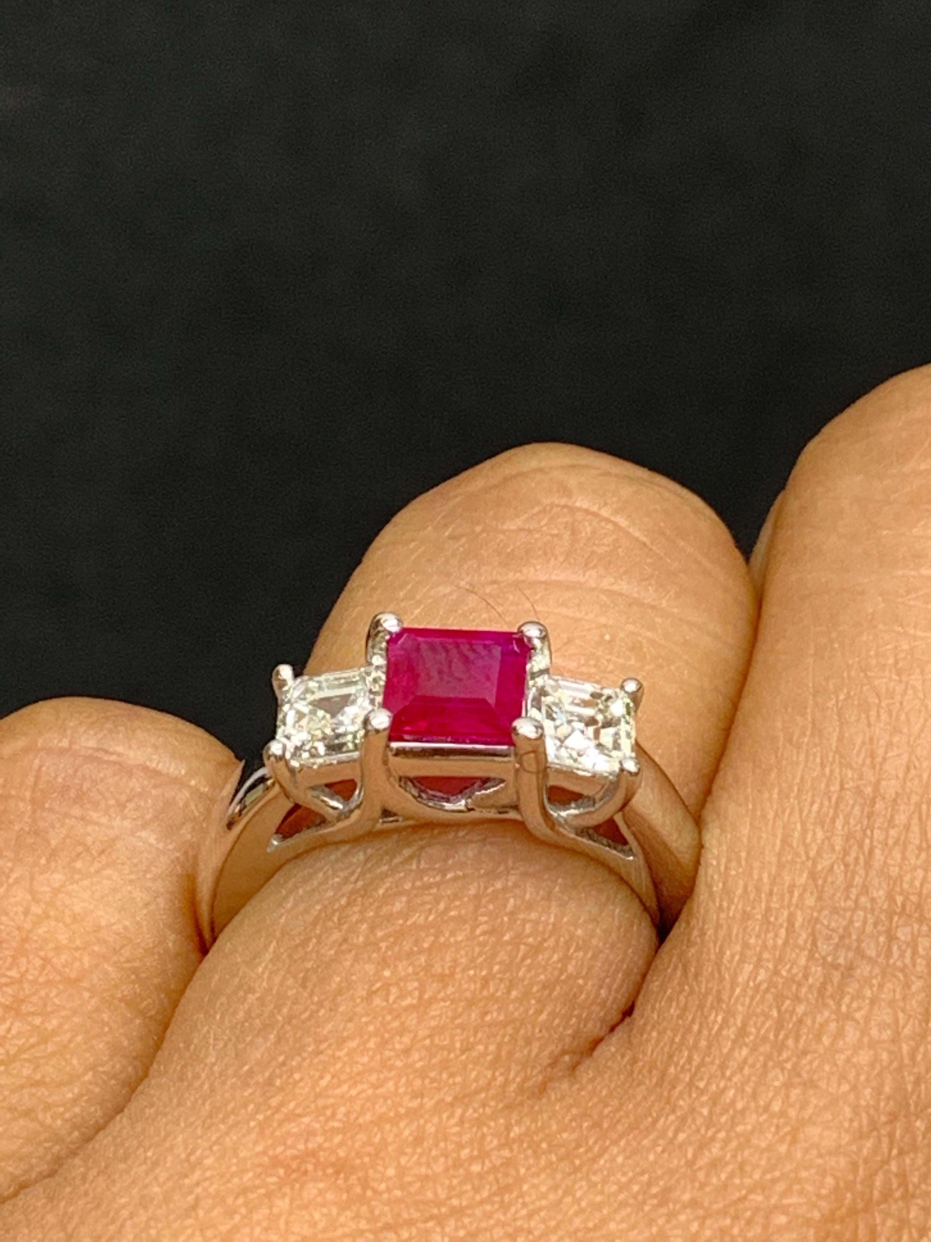 0.92 Carat Emerald Cut Ruby and Diamond Three-Stone Engagement Ring in 14K For Sale 3