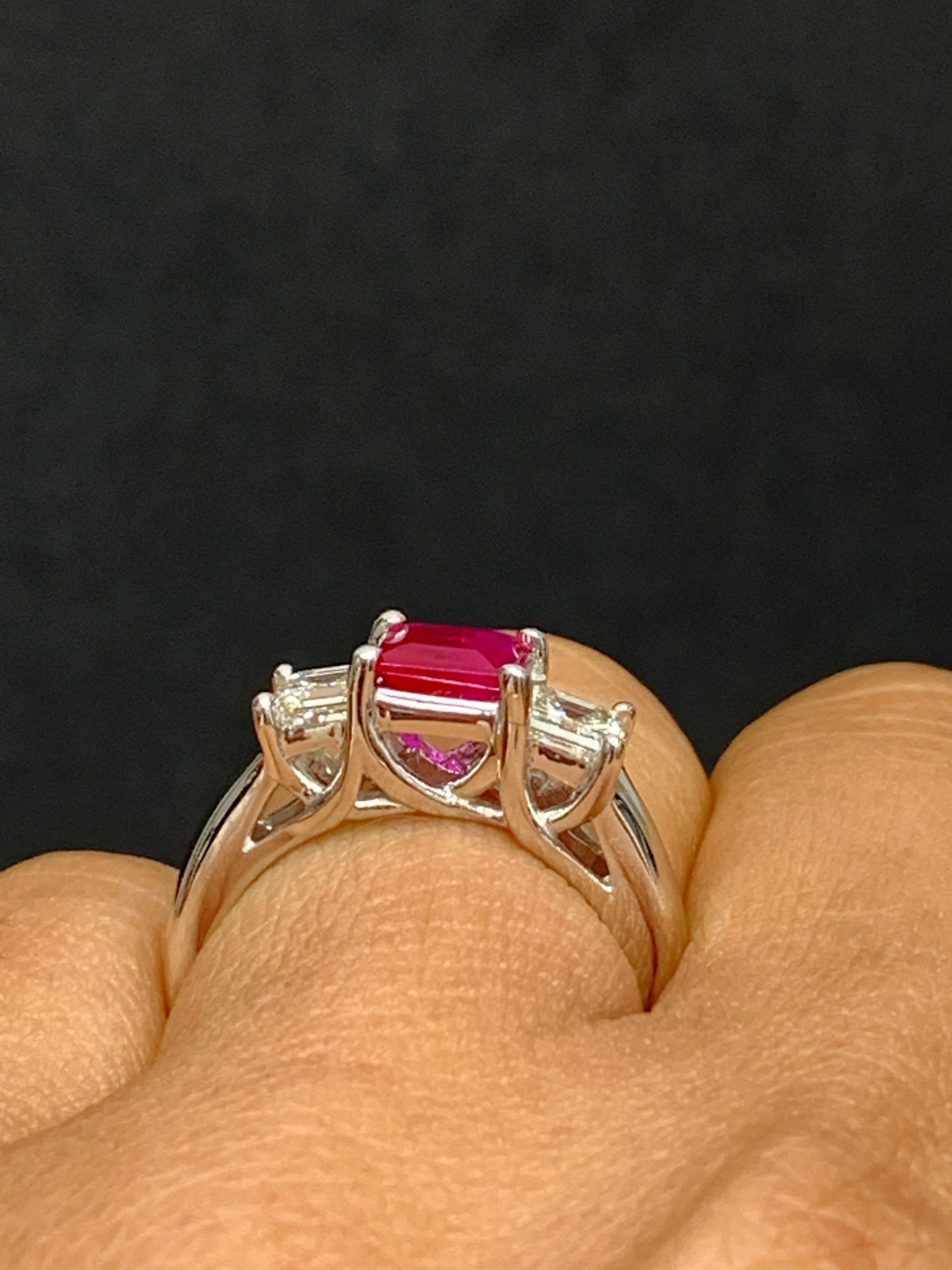 0.92 Carat Emerald Cut Ruby and Diamond Three-Stone Engagement Ring in 14K For Sale 4
