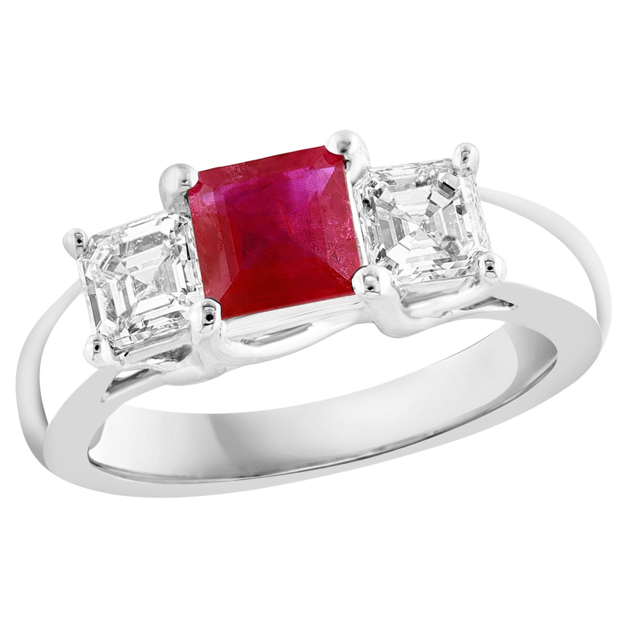 Bague de fianailles  trois pierres en 14K, rubis taille meraude de 0,92 carat et diamant