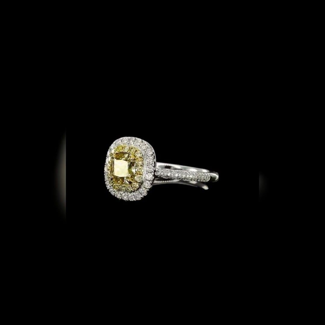 Cushion Cut 0.92 Carat Fancy Yellow Diamond Ring AGL Certified VS Clarity For Sale