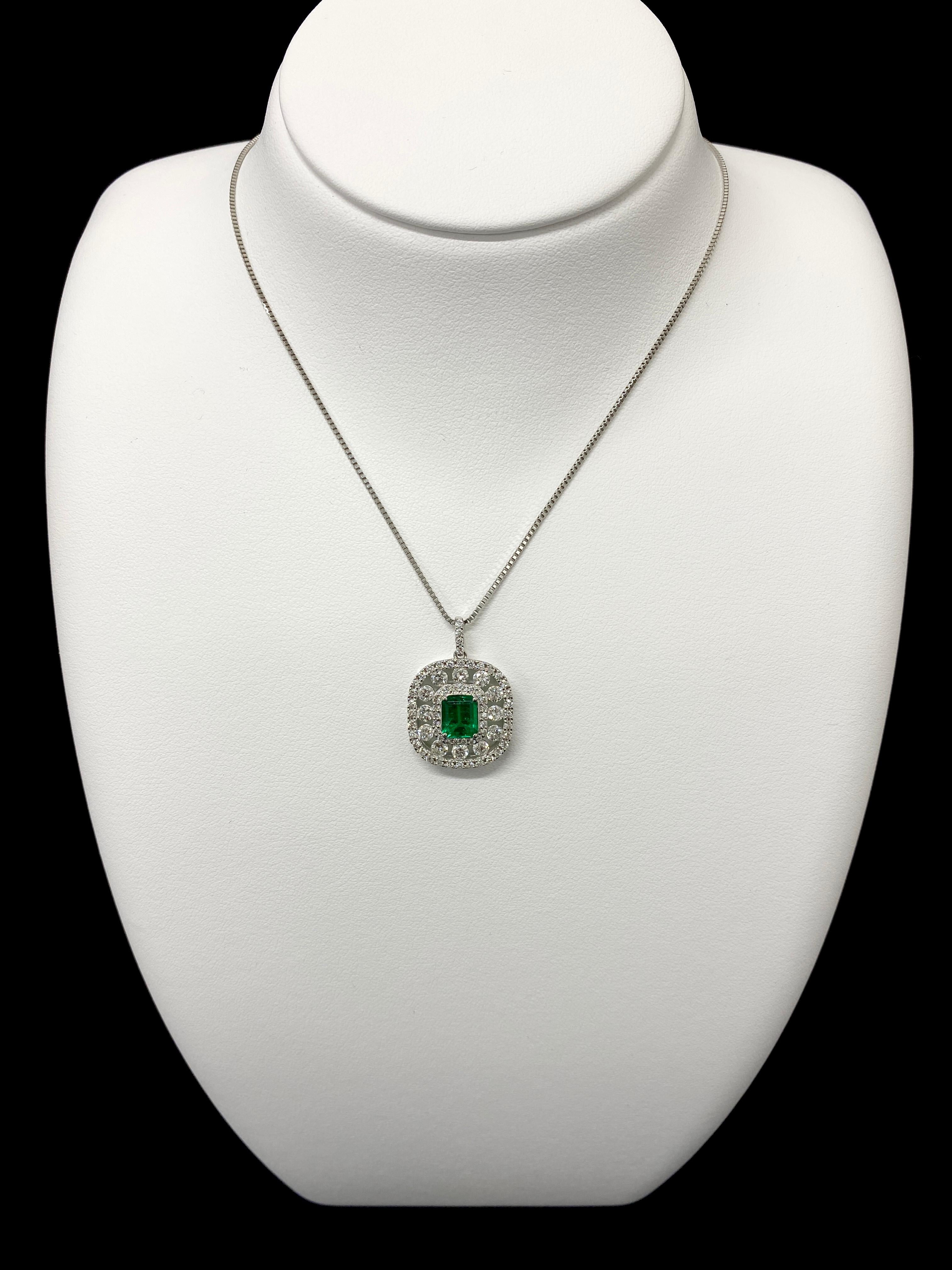 A stunning Pendant featuring a 0.92 Carat, Natural Emerald and 1.30 Carats of Diamond Accents set in Platinum. People have admired emerald’s green for thousands of years. Emeralds have always been associated with the lushest landscapes and the