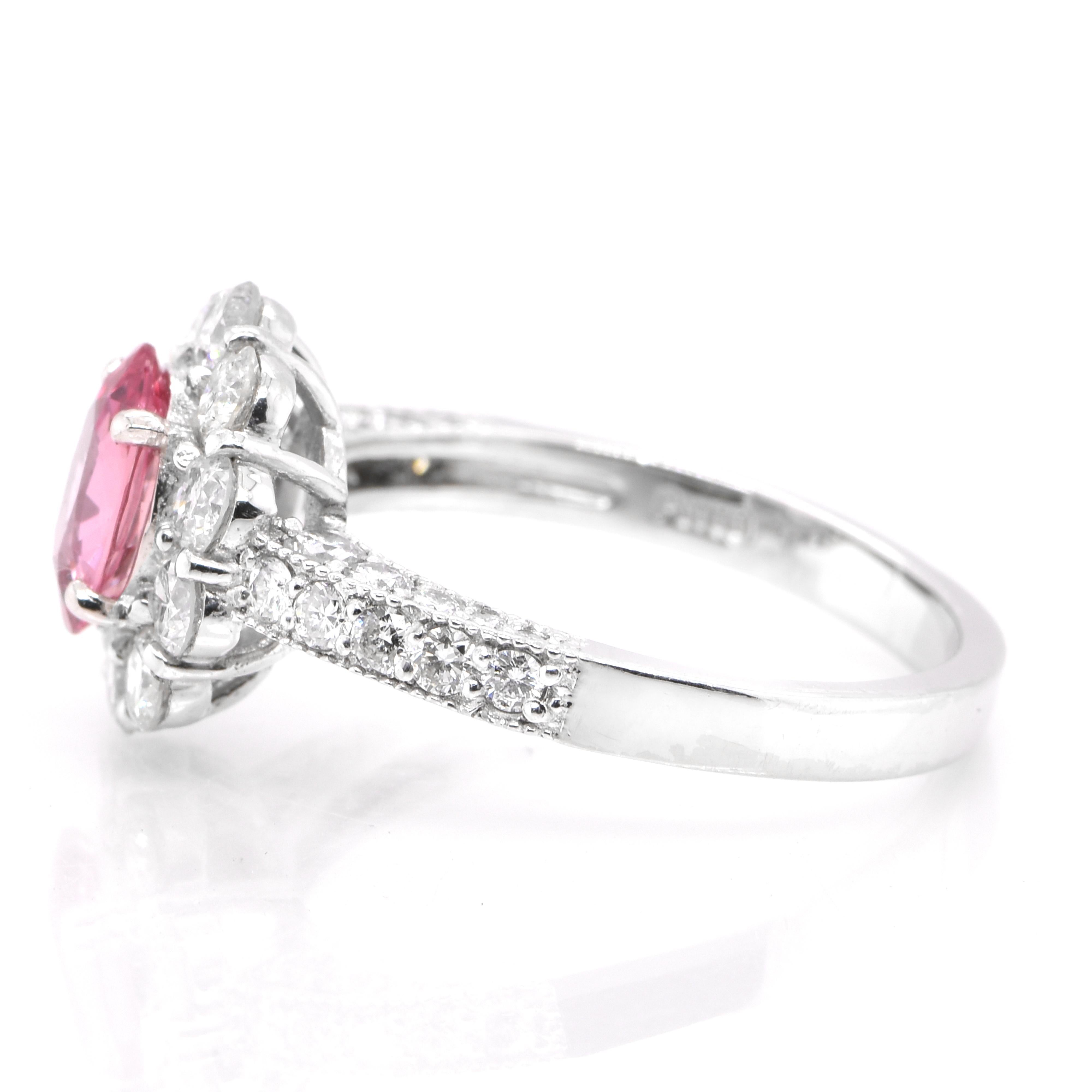 Oval Cut 0.92 Carat Natural Padparadscha Sapphire and Diamond Ring Set in Platinum For Sale