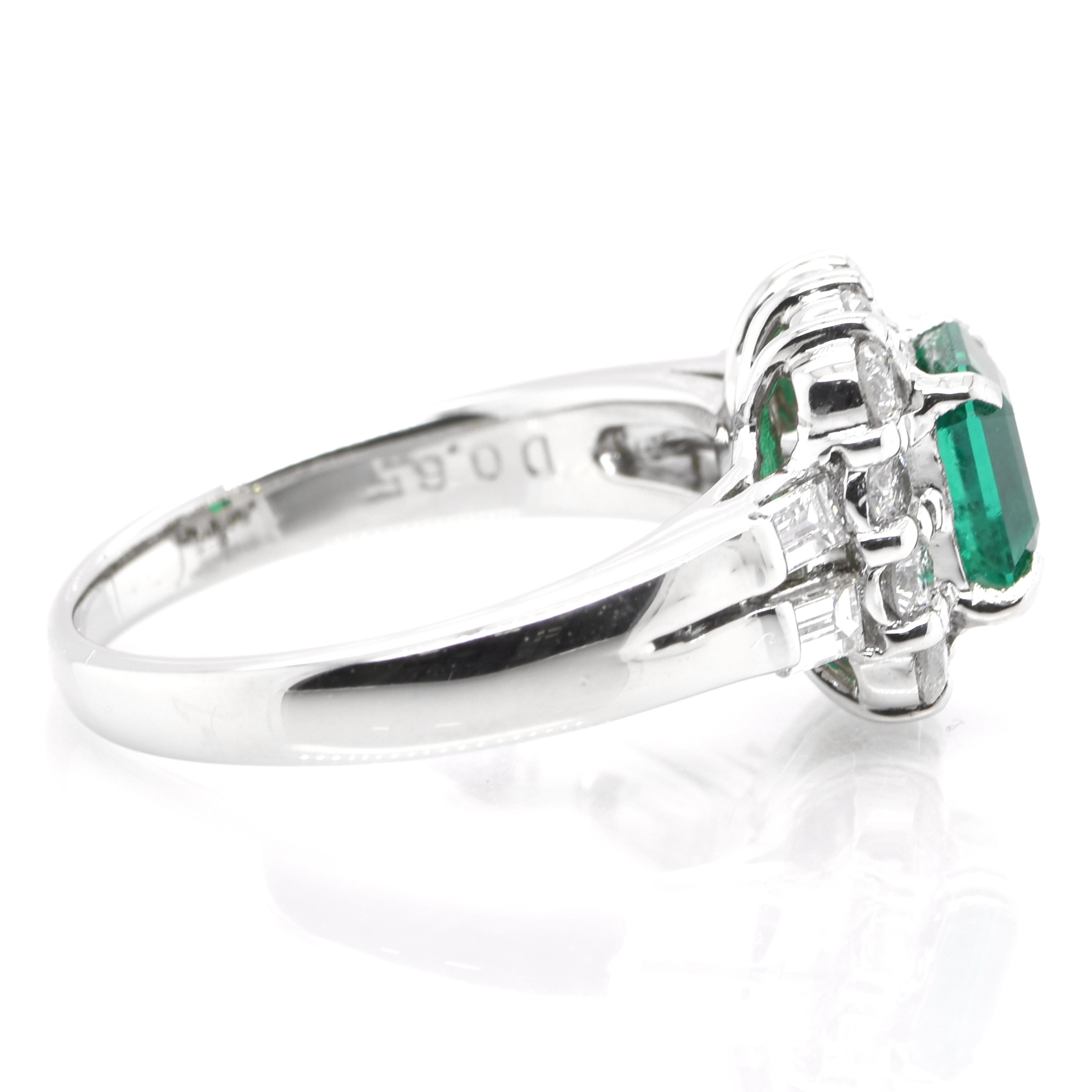Women's 0.92 Carat Natural Vivid Green Emerald and Diamond Ring Set in Platinum