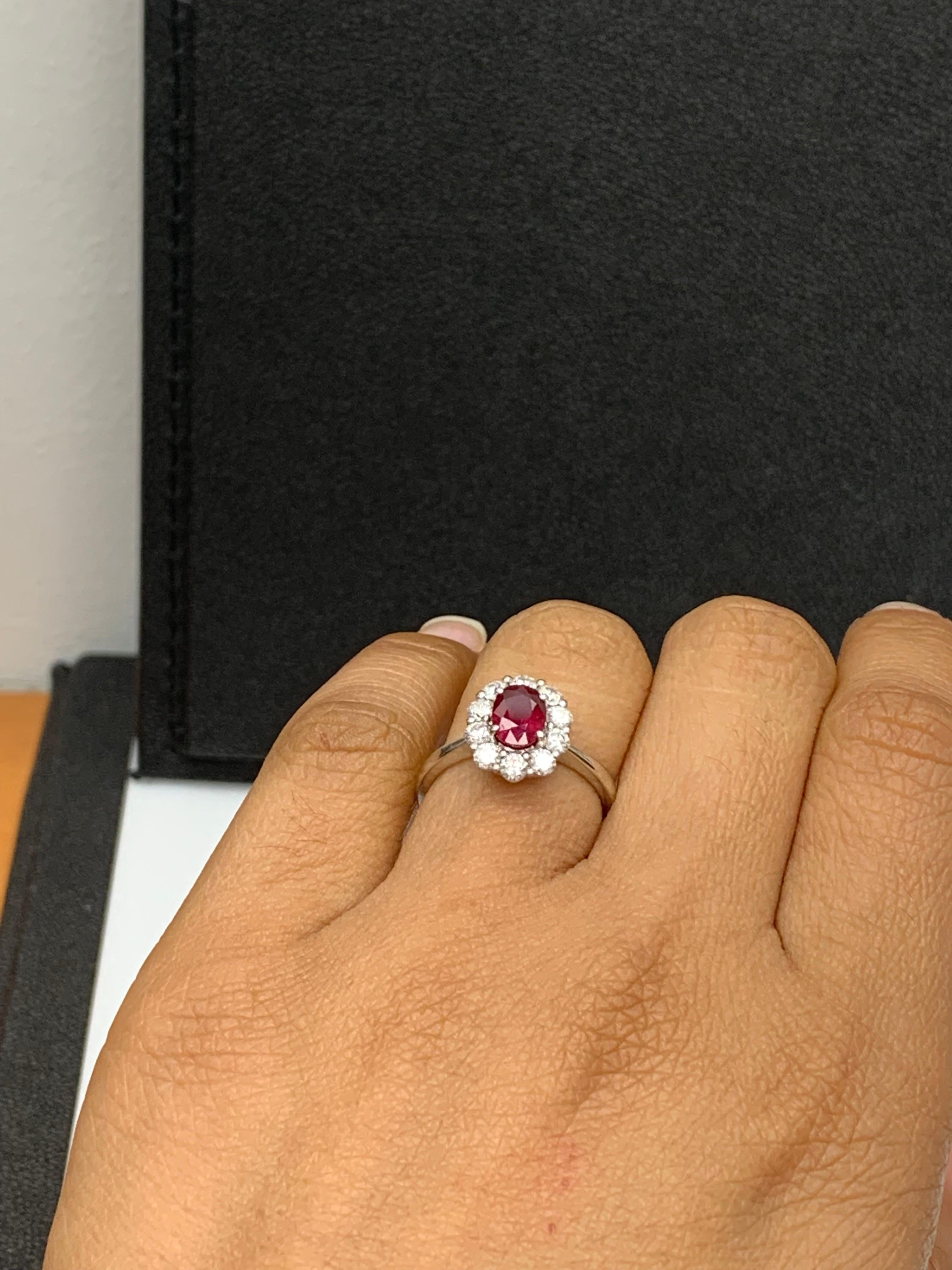 0.92 Carat Oval Cut Ruby and Diamond Ring in 18k White Gold For Sale 3