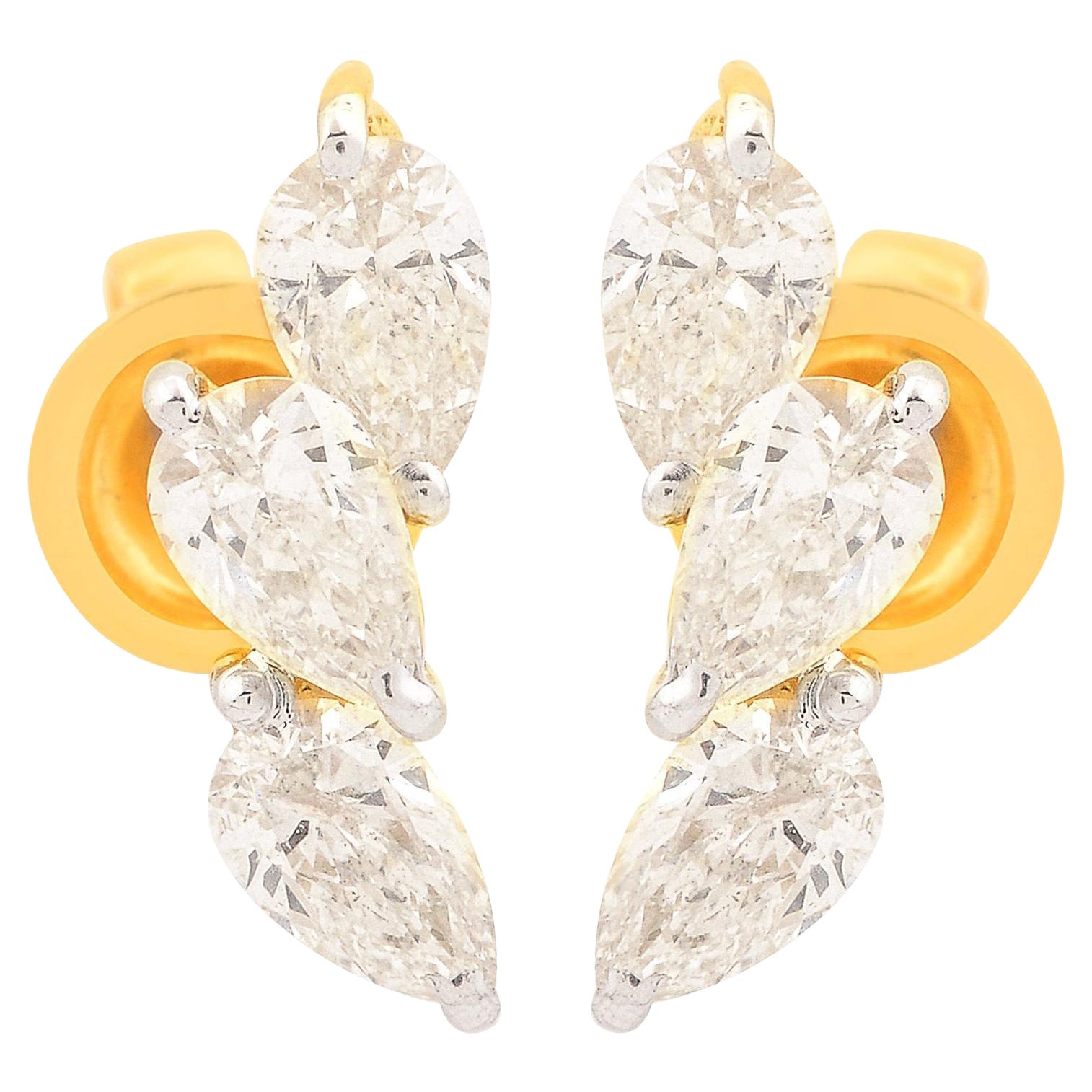 0.92 Carat Pear Diamond Minimalist Stud Earrings 18 Karat Yellow Gold Jewelry