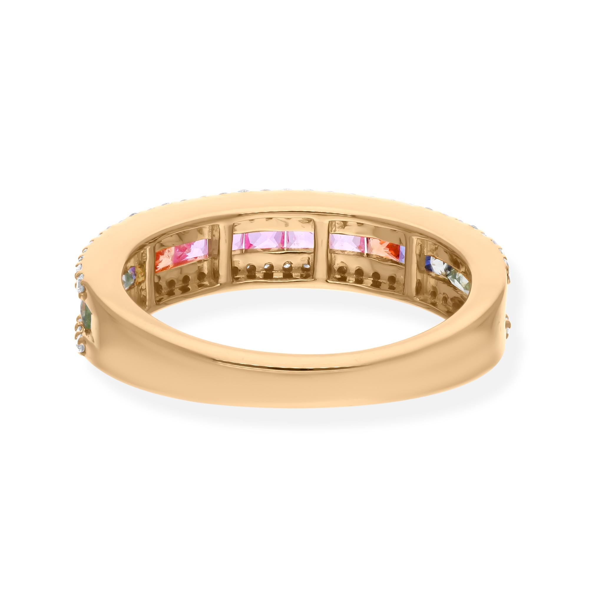 Cast from 14-karat gold, these exquisite ring is handset with 0.92 carats multi colored sapphire gemstone and 0.37 carats of sparkling diamonds.

The ring is a size 7 and may be resized to larger or smaller upon request. FOLLOW SPECTRUM JEWELS