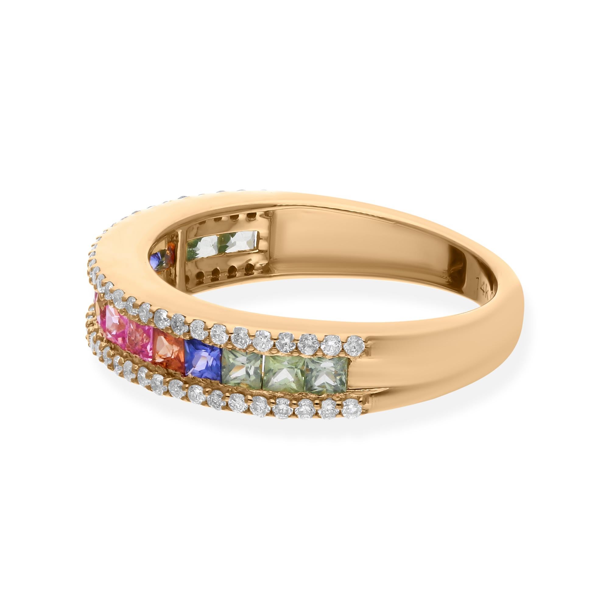 0.92 Carat Princess Cut Multi Sapphire Ring 0.37 Ct SI/H Diamond 14k Yellow Gold In New Condition For Sale In Diera, Dubai