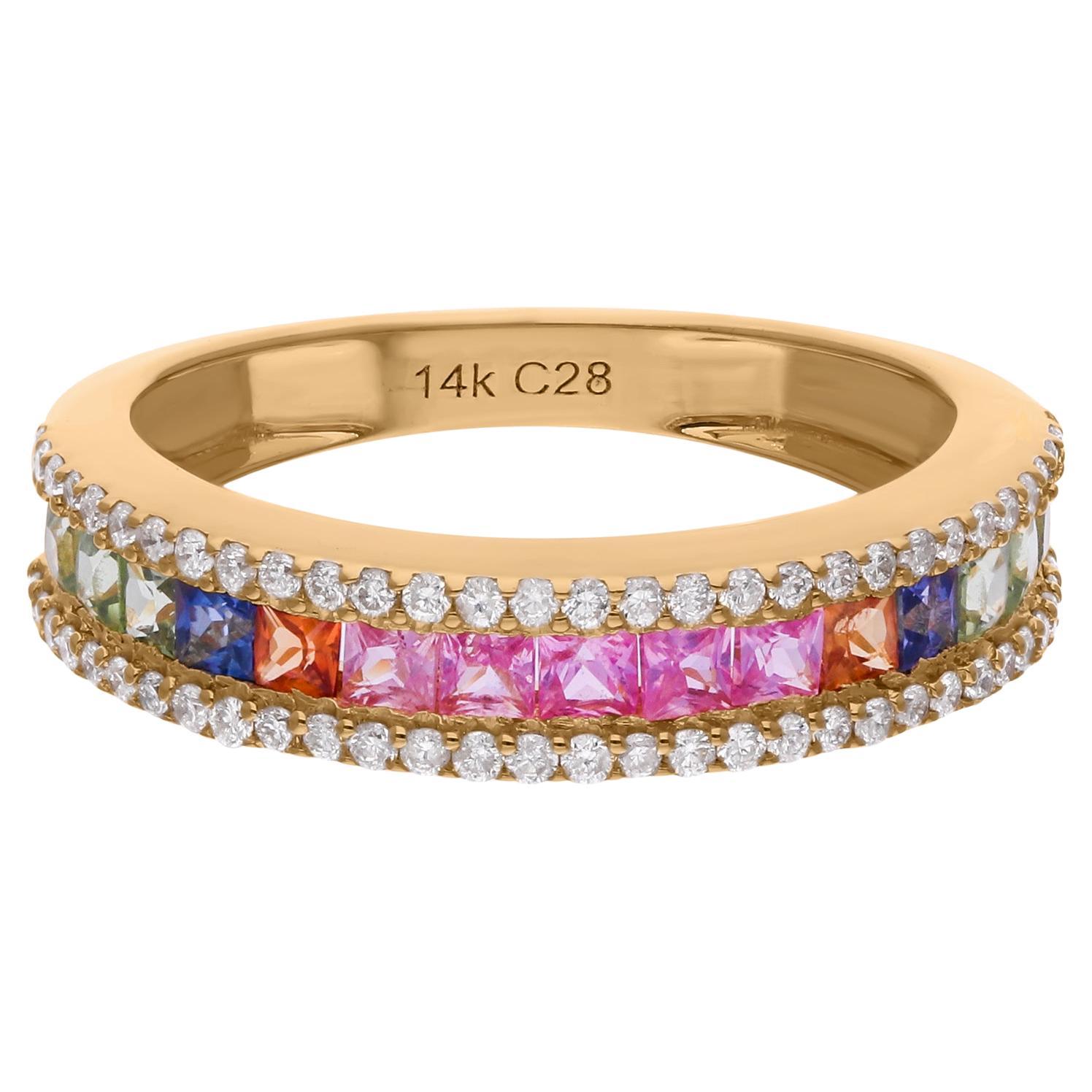 0.92 Carat Princess Cut Multi Sapphire Ring 0.37 Ct SI/H Diamond 14k Yellow Gold For Sale
