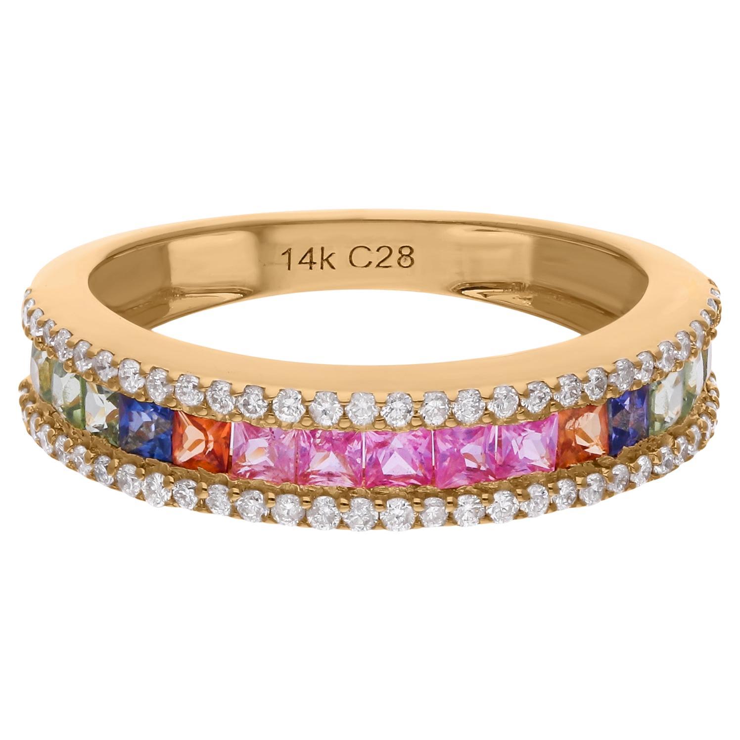 Anello Multi Zaffiro Taglio Principessa 0,92 Carati 0,37 Ct SI/H Diamante Oro Giallo 18k