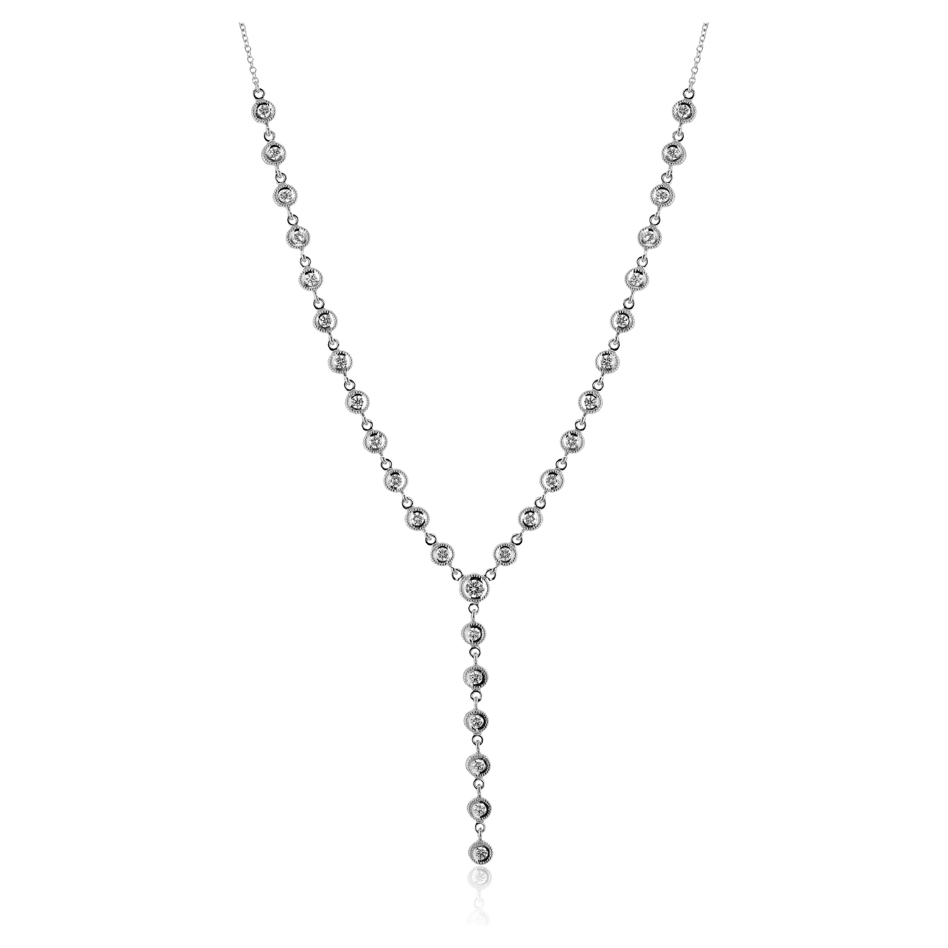 0.92 Carat Total Weight Bezel Set Diamond Lariat Style Necklace, 18k White Gold For Sale
