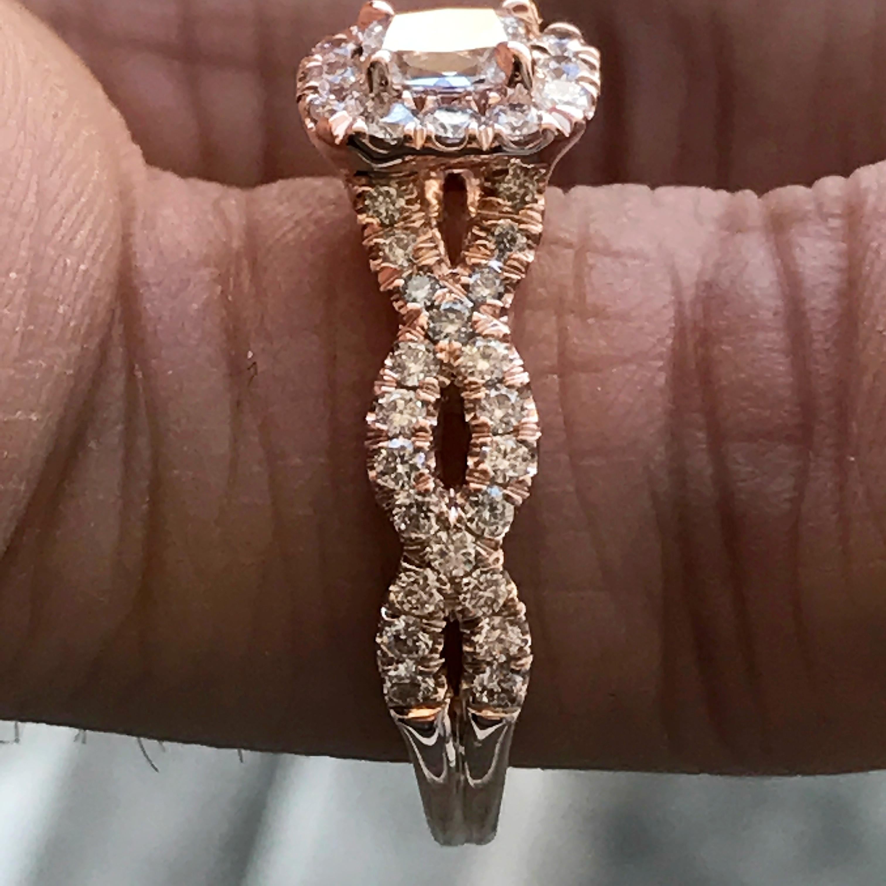 Women's 0.92 Carat TW Radiant H SI1 Diamond Halo Engagement Ring 14 Karat, Ben Dannie For Sale