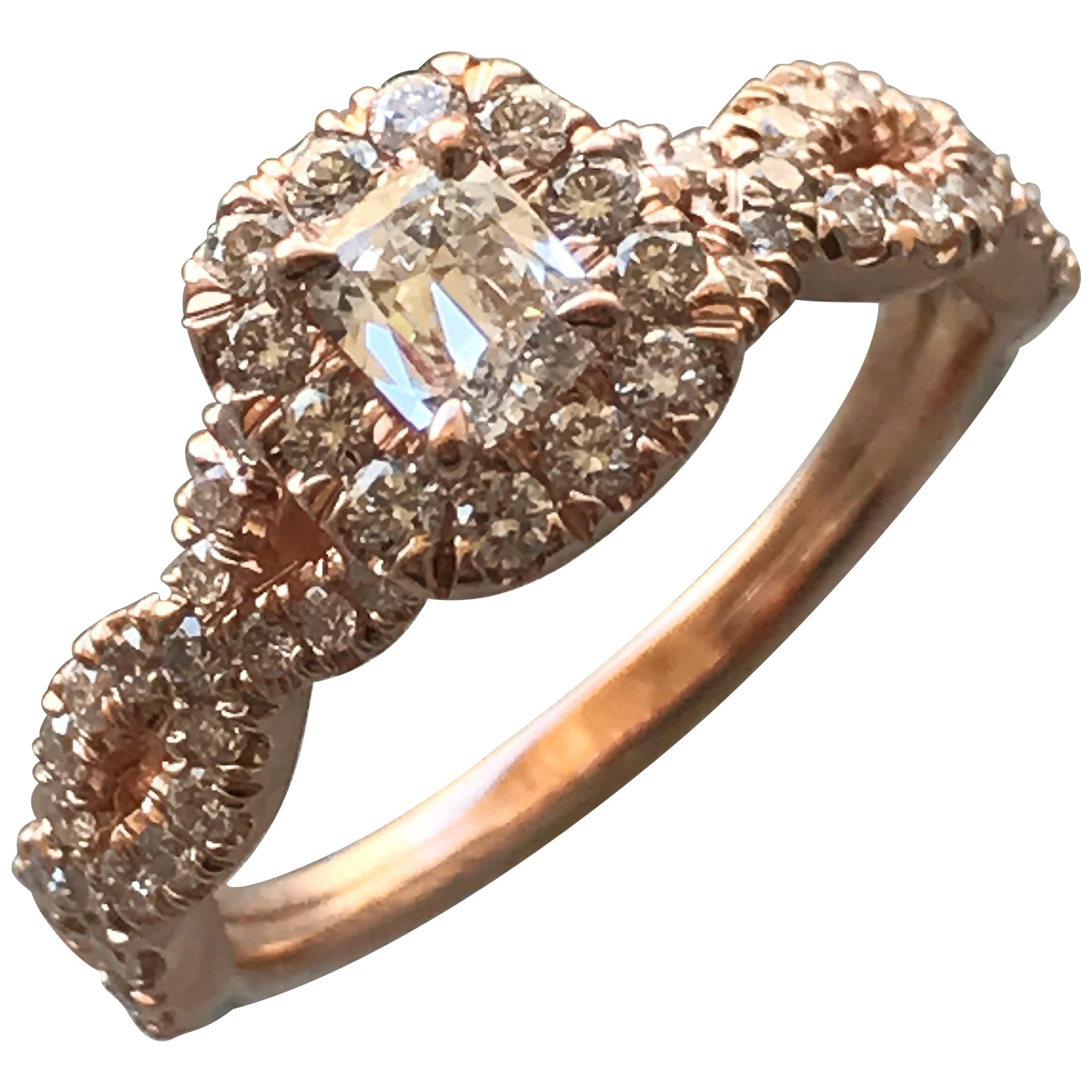 0.92 Carat TW Radiant H SI1 Diamond Halo Engagement Ring 14 Karat, Ben Dannie For Sale