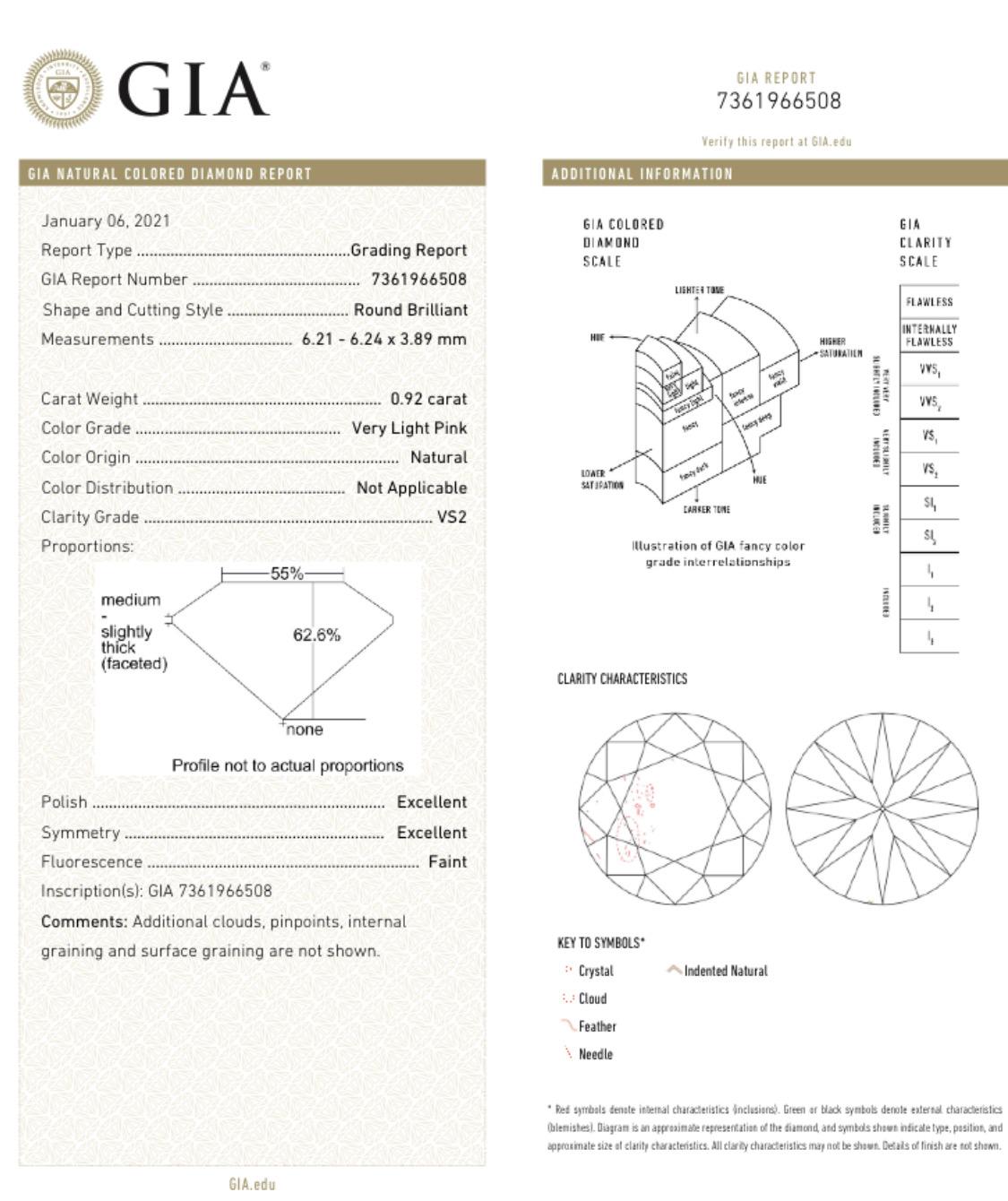 0.92 Carat Very Light Pink Diamond Ring VS2 Clarity GIA Certified For Sale 11
