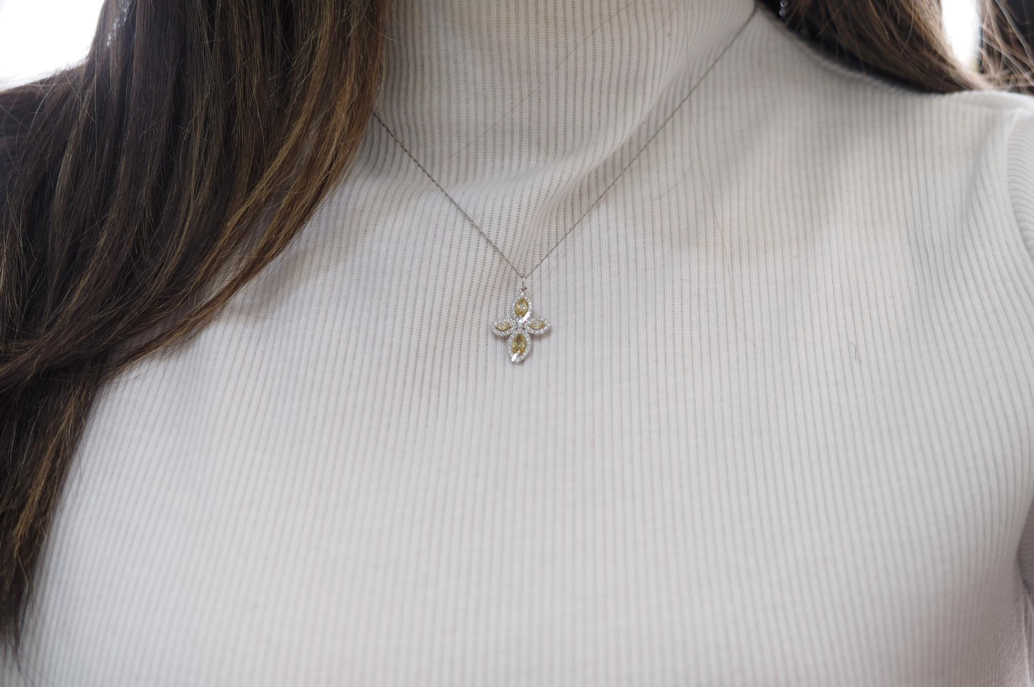 Modern 0.92 Carat Yellow and White Diamond Cross Pendant-Necklace