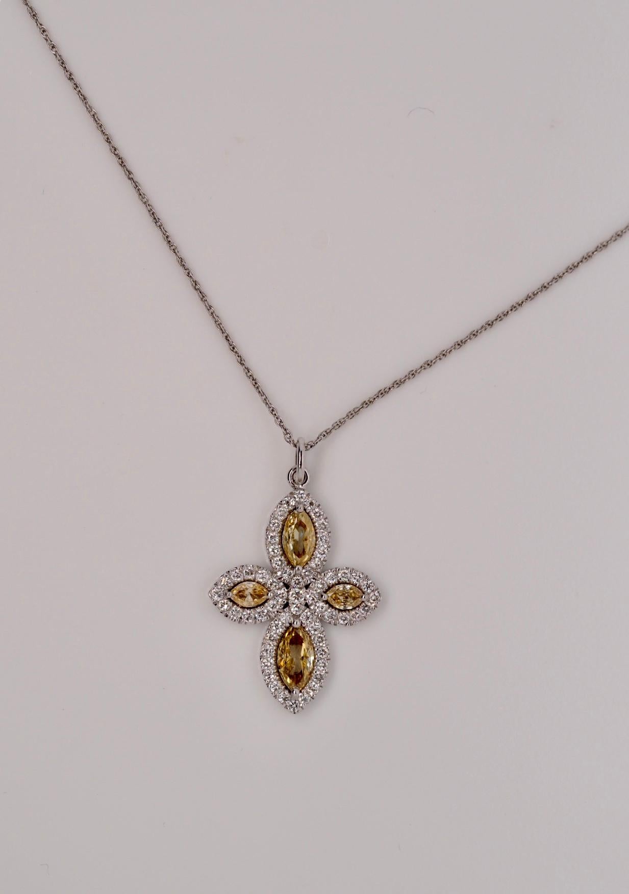 Round Cut 0.92 Carat Yellow and White Diamond Cross Pendant-Necklace