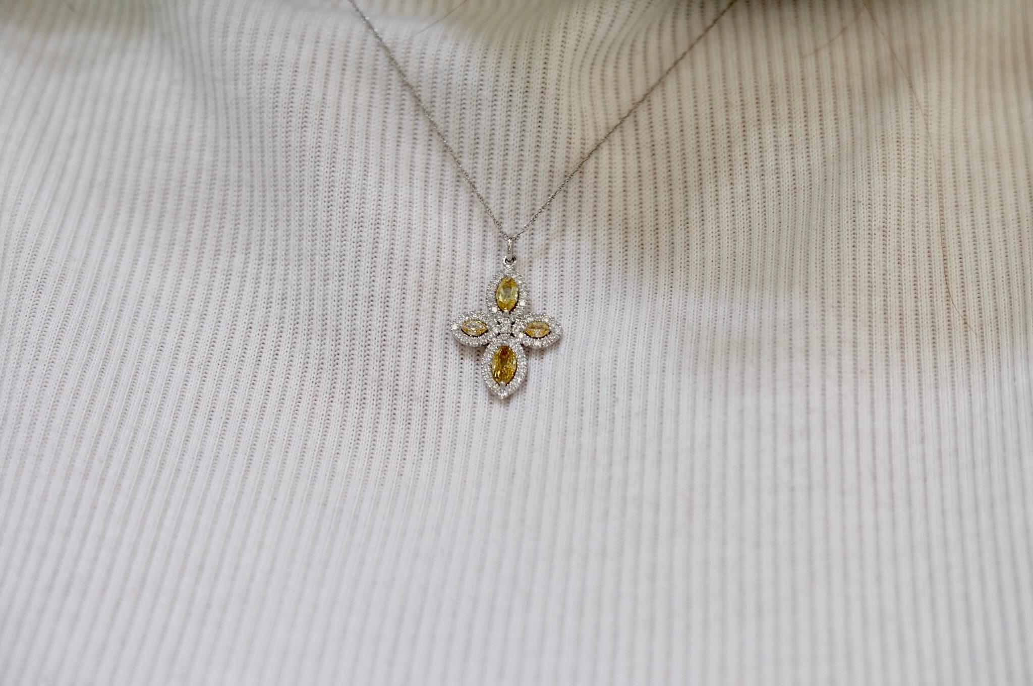 0.92 Carat Yellow and White Diamond Cross Pendant-Necklace 2