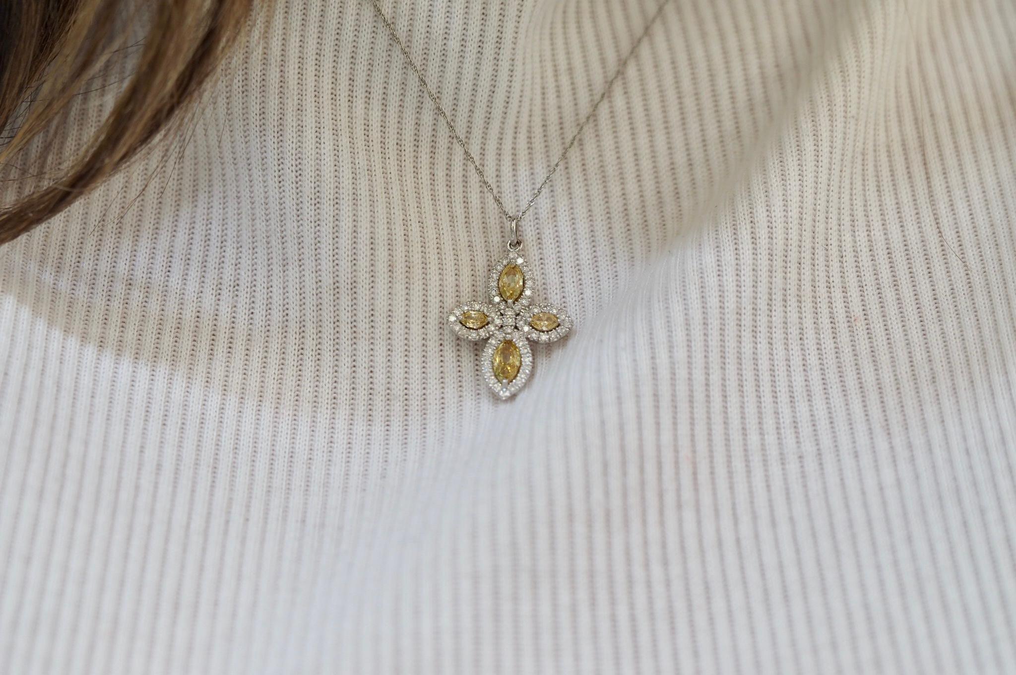 0.92 Carat Yellow and White Diamond Cross Pendant-Necklace 3