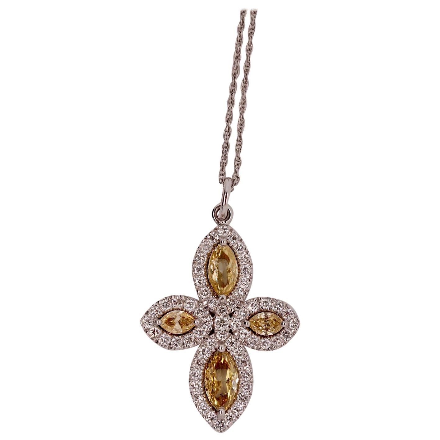 0.92 Carat Yellow and White Diamond Cross Pendant-Necklace