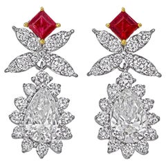 0.92 Carats Pear Cut Diamond Earrings with Rubies in 18 Karat White Gold