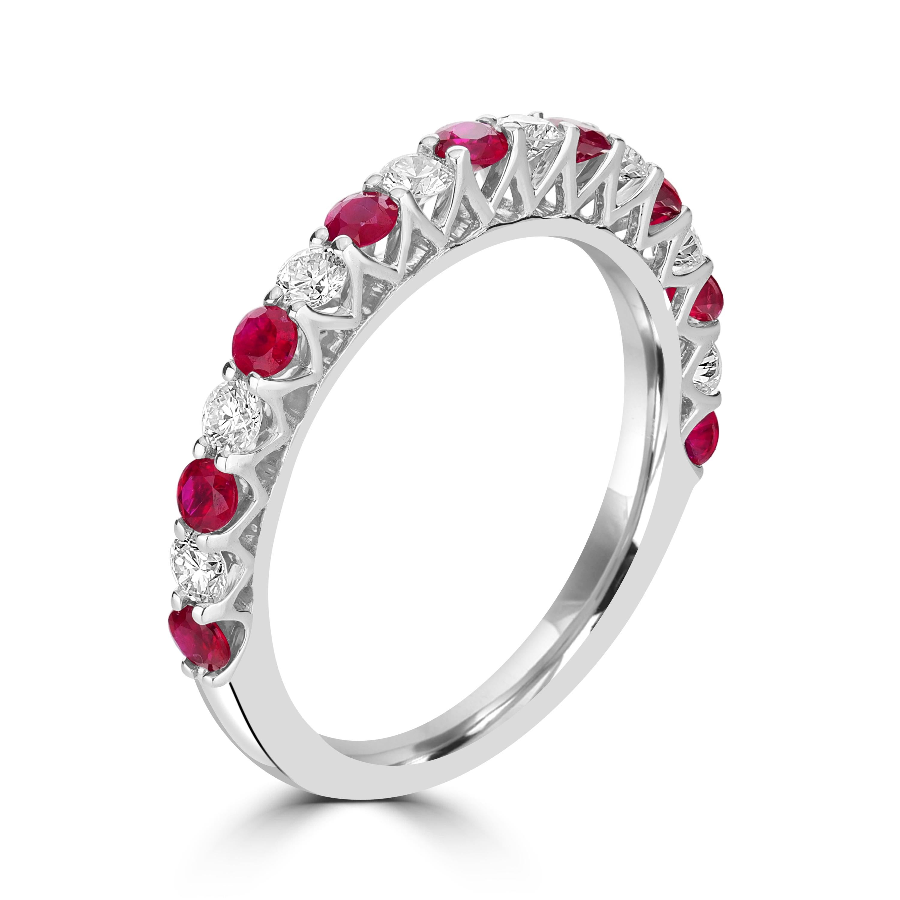 We present to you this beautiful 0.92 Carats Ruby and Diamond Eternity Ring made in 14K White Gold. This ring consists of 2.3mm rubies and diamonds rounds with 9 ruby pieces and 8 diamond pieces totaling 17 pieces of stones. The rubies used are from