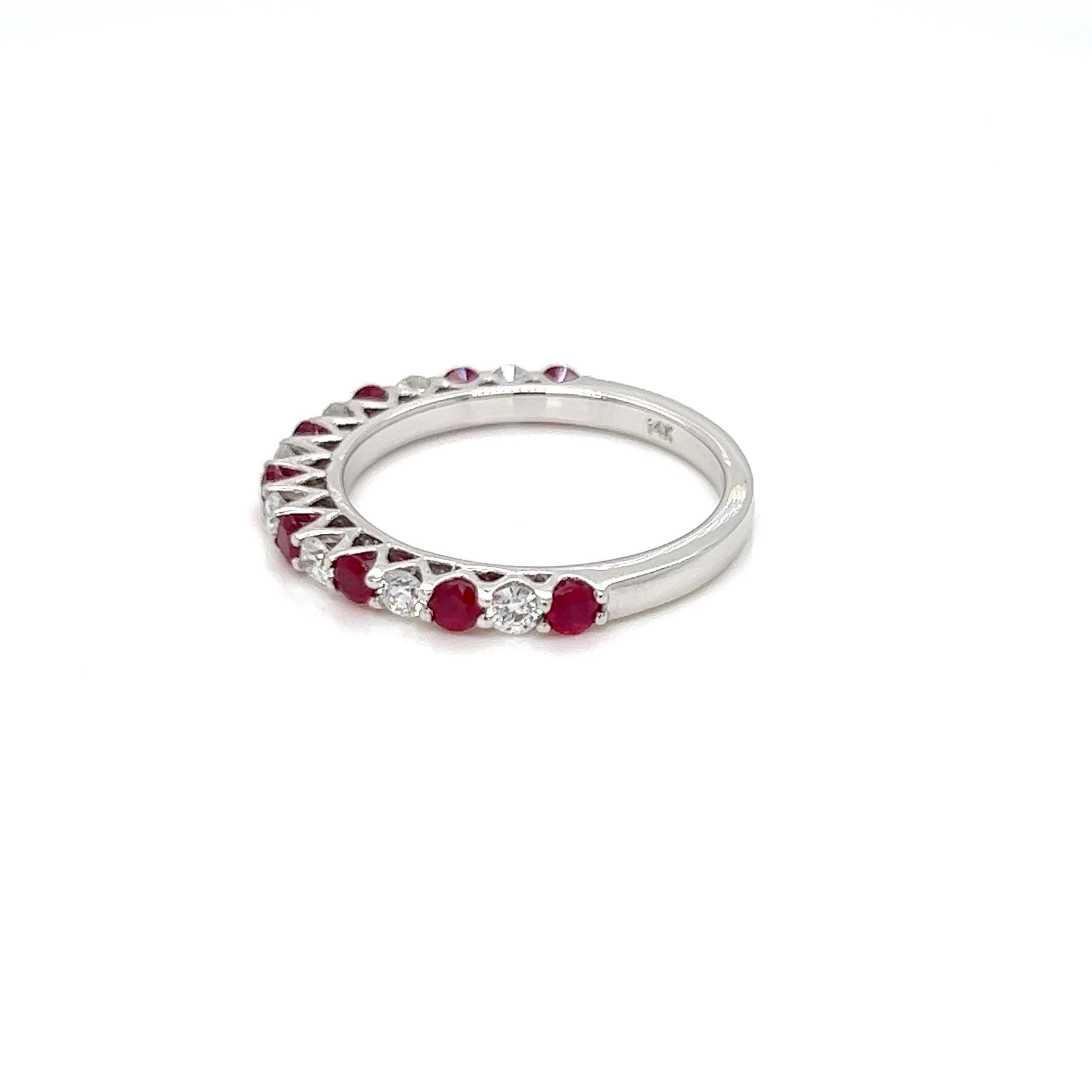Modern 0.92 Carats Ruby and Diamond Eternity Ring in 14k White Gold For Sale