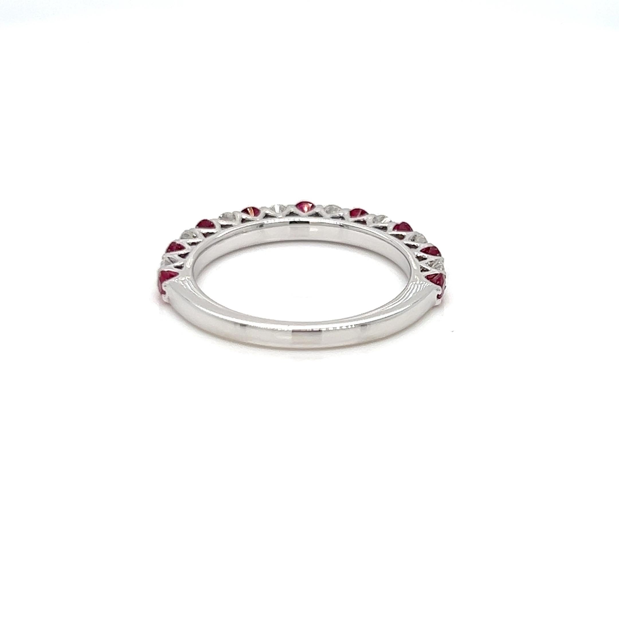Round Cut 0.92 Carats Ruby and Diamond Eternity Ring in 14k White Gold For Sale