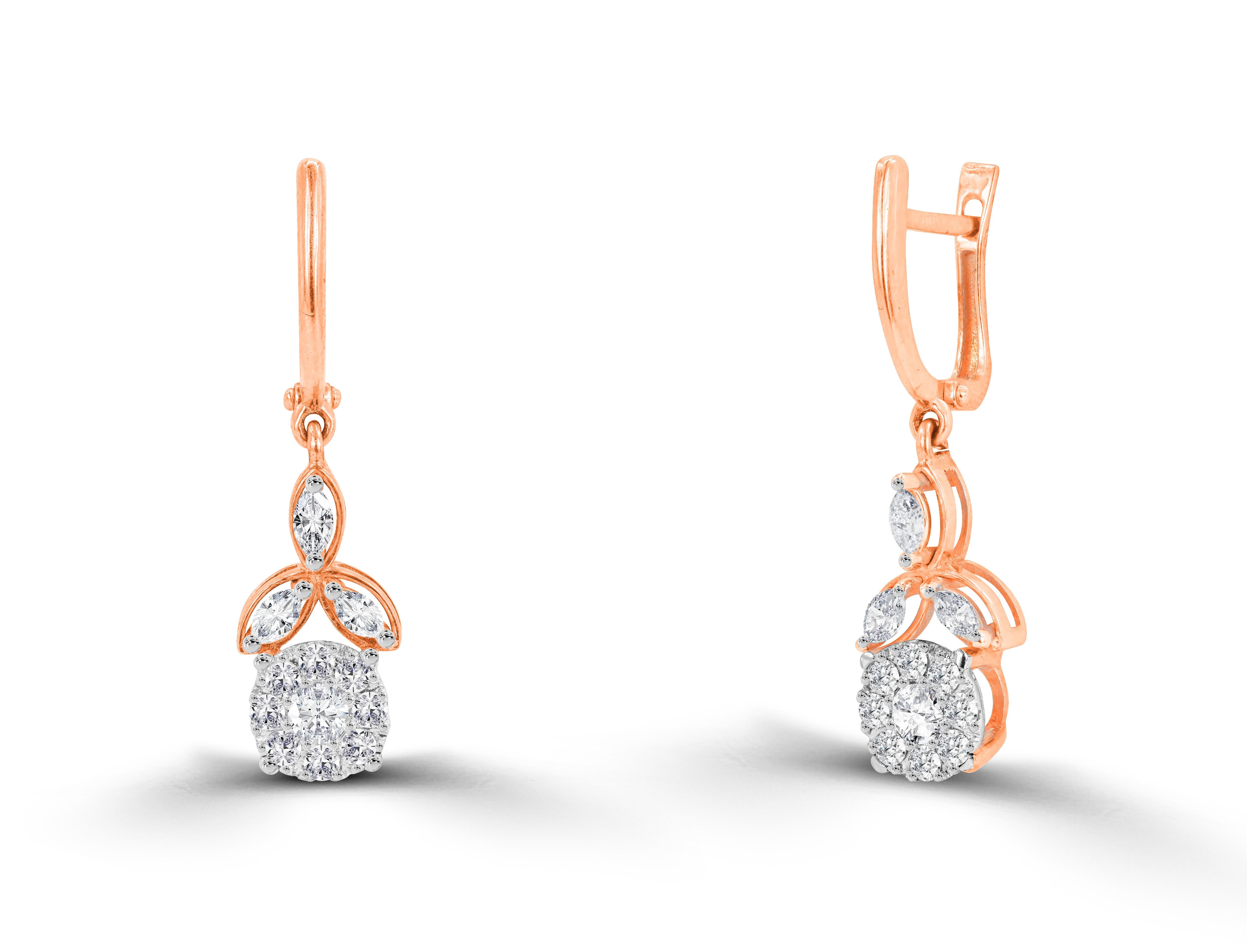 0.92 Ct Diamond Solitaire and leaf Drop Earrings in 14K Gold, Round Brilliant cut diamond earrings, Natural Diamond Earrings, Lever-Back Earrings, Heavy End Earrings.

Oshi Jewels presents to you a beautiful Earring collection with natural diamonds