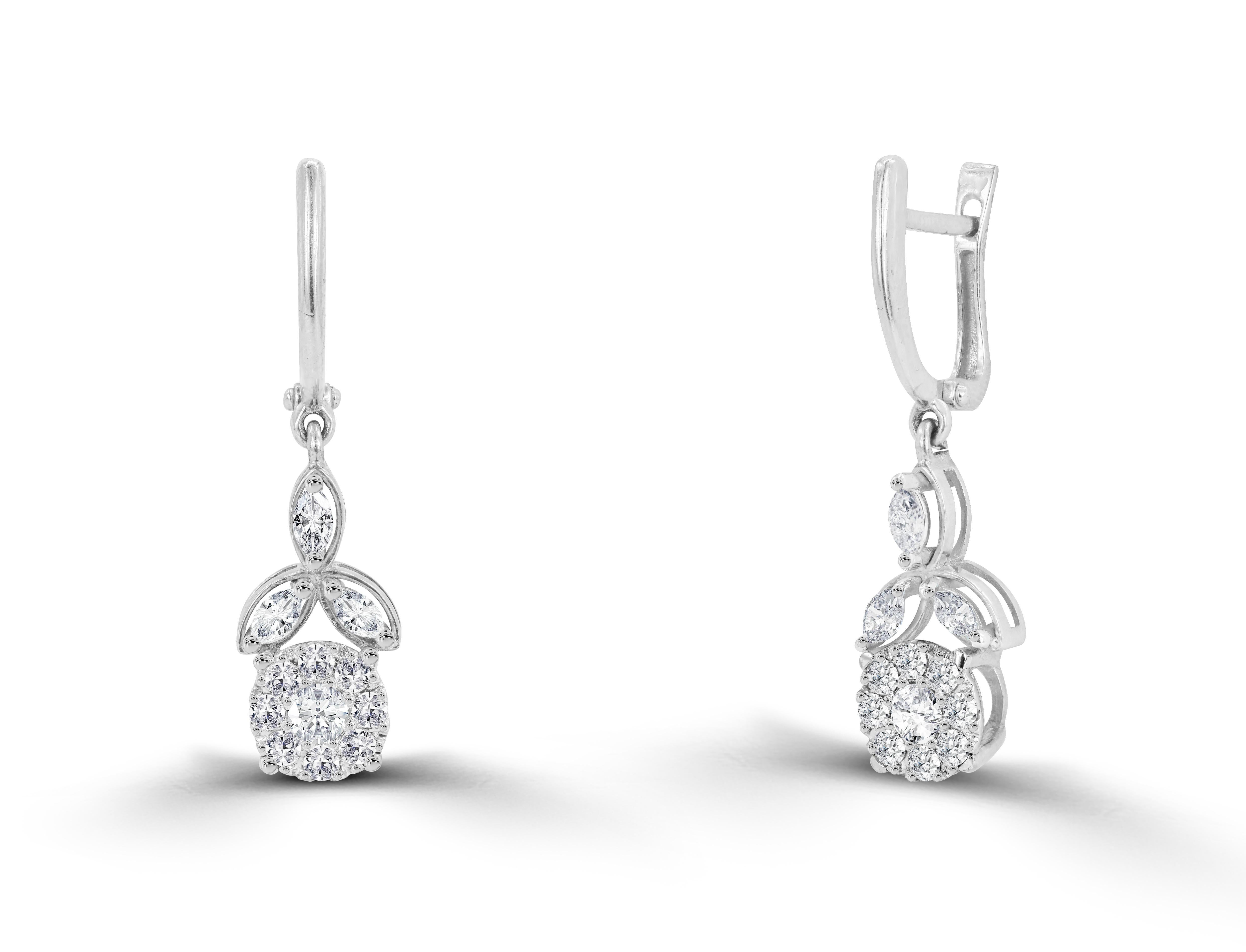 Modern 0.92ct Diamond Flower Drop Earrings in 14k Gold For Sale