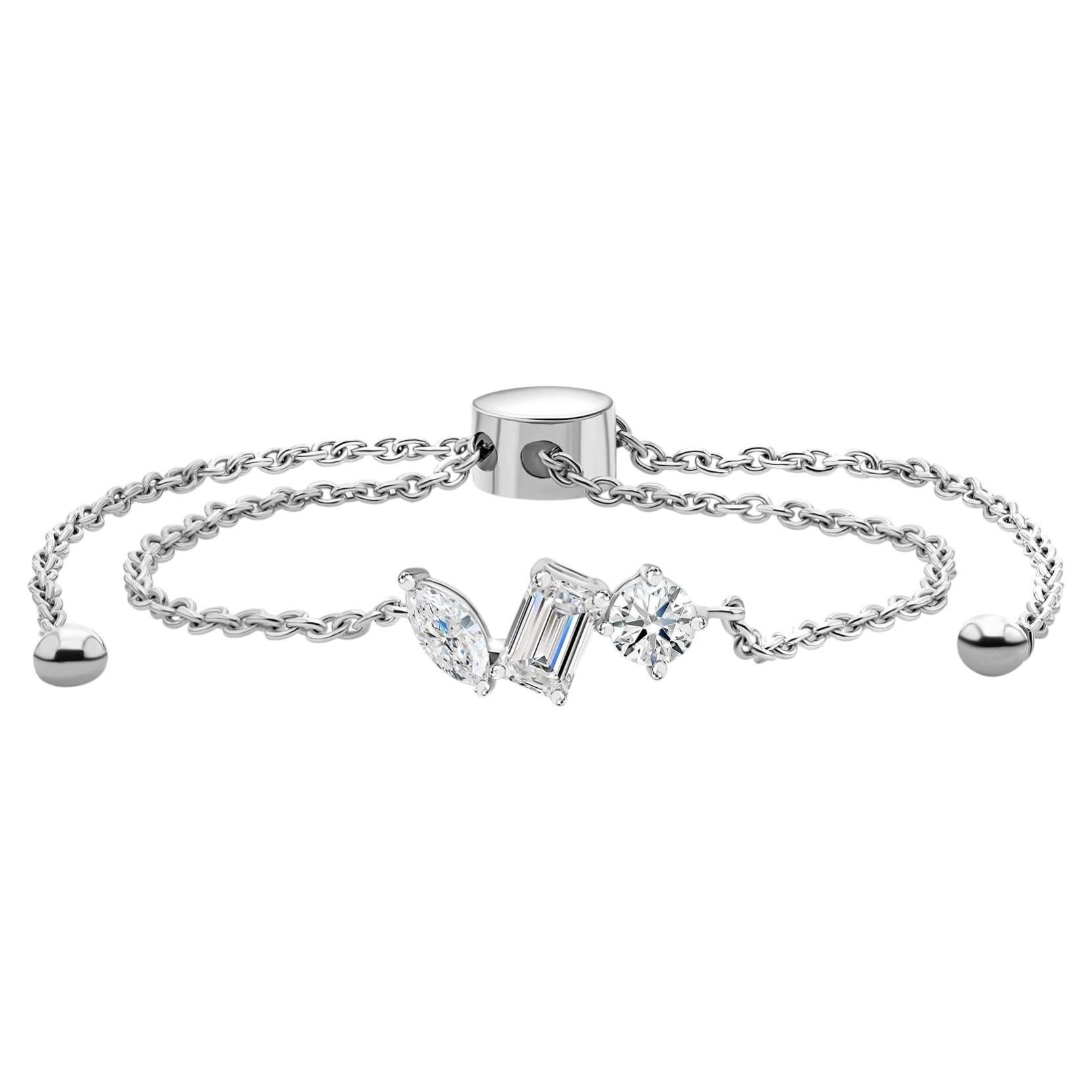0.92 Ct Minimalist Emerald, Marquise & Round Diamond Bracelet in 18K White Gold