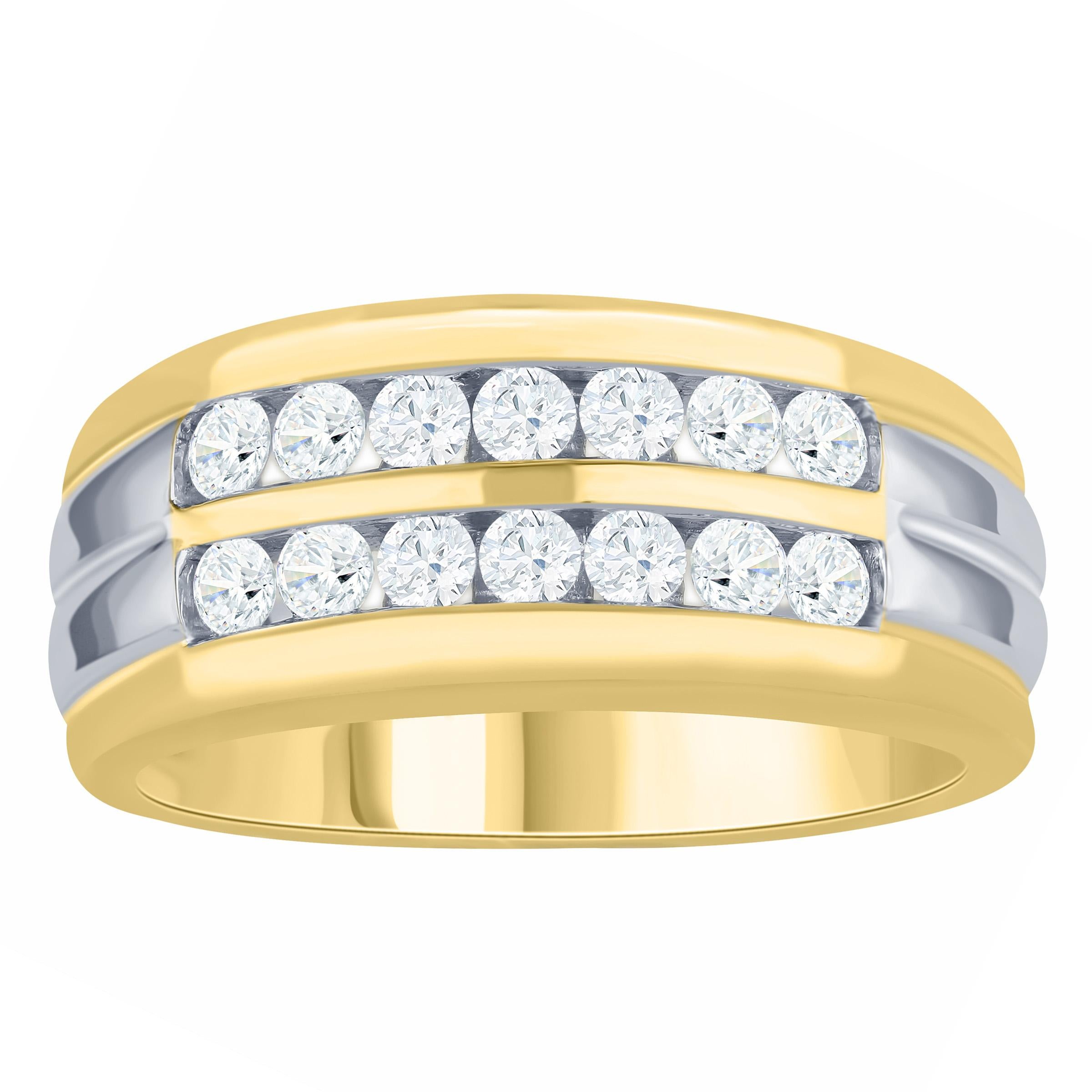 This stunning men's ring features two rows of channel-set diamonds with a total carat weight of 0.92 ctw. Crafted from two-tone 14K gold, the ring has a sleek and modern design that is perfect for any occasion. The size 9.0 band ensures a