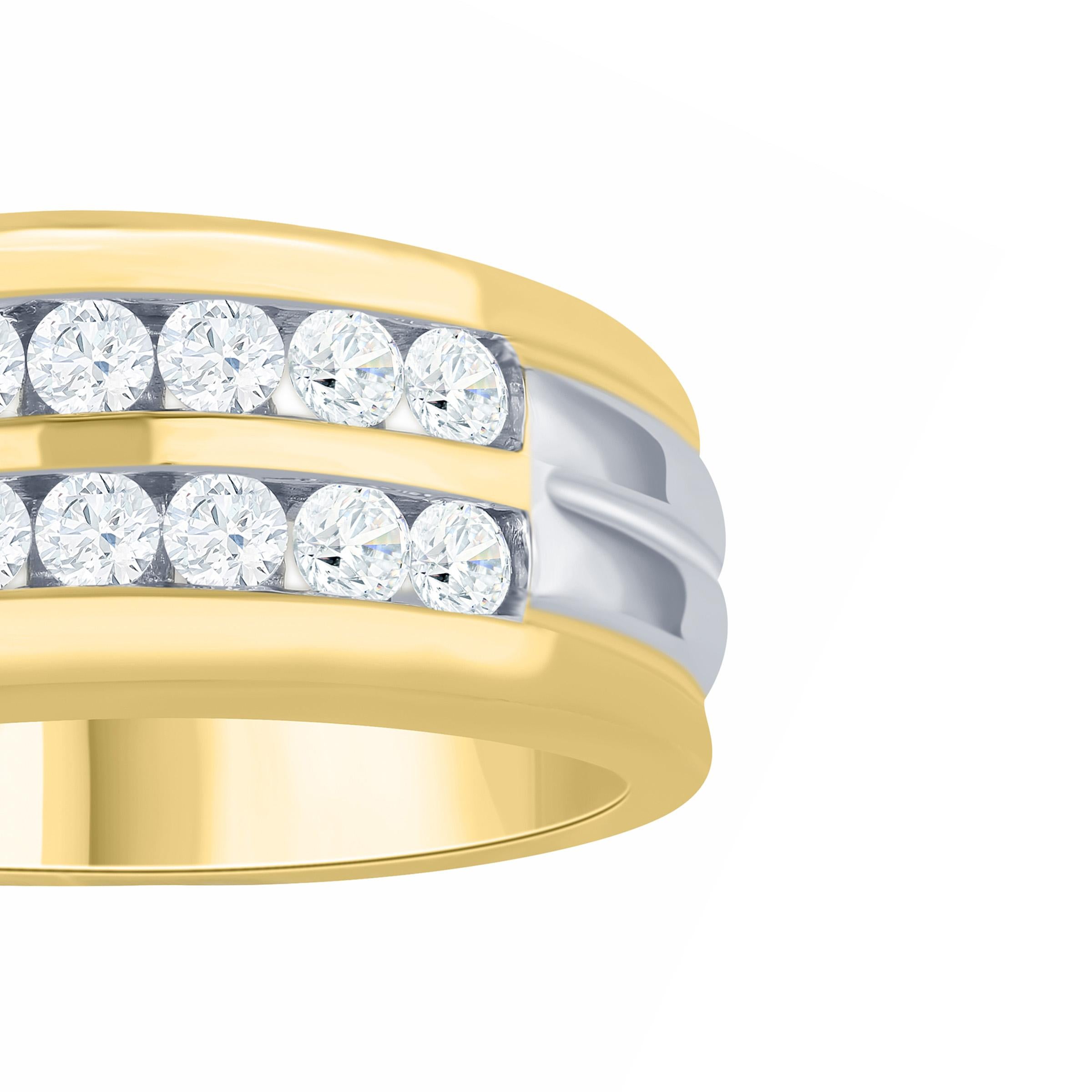 Round Cut 0.92 Ctw, 2 Row Channel Set Diamond Men's Ring in Two Tone 14k Gold For Sale