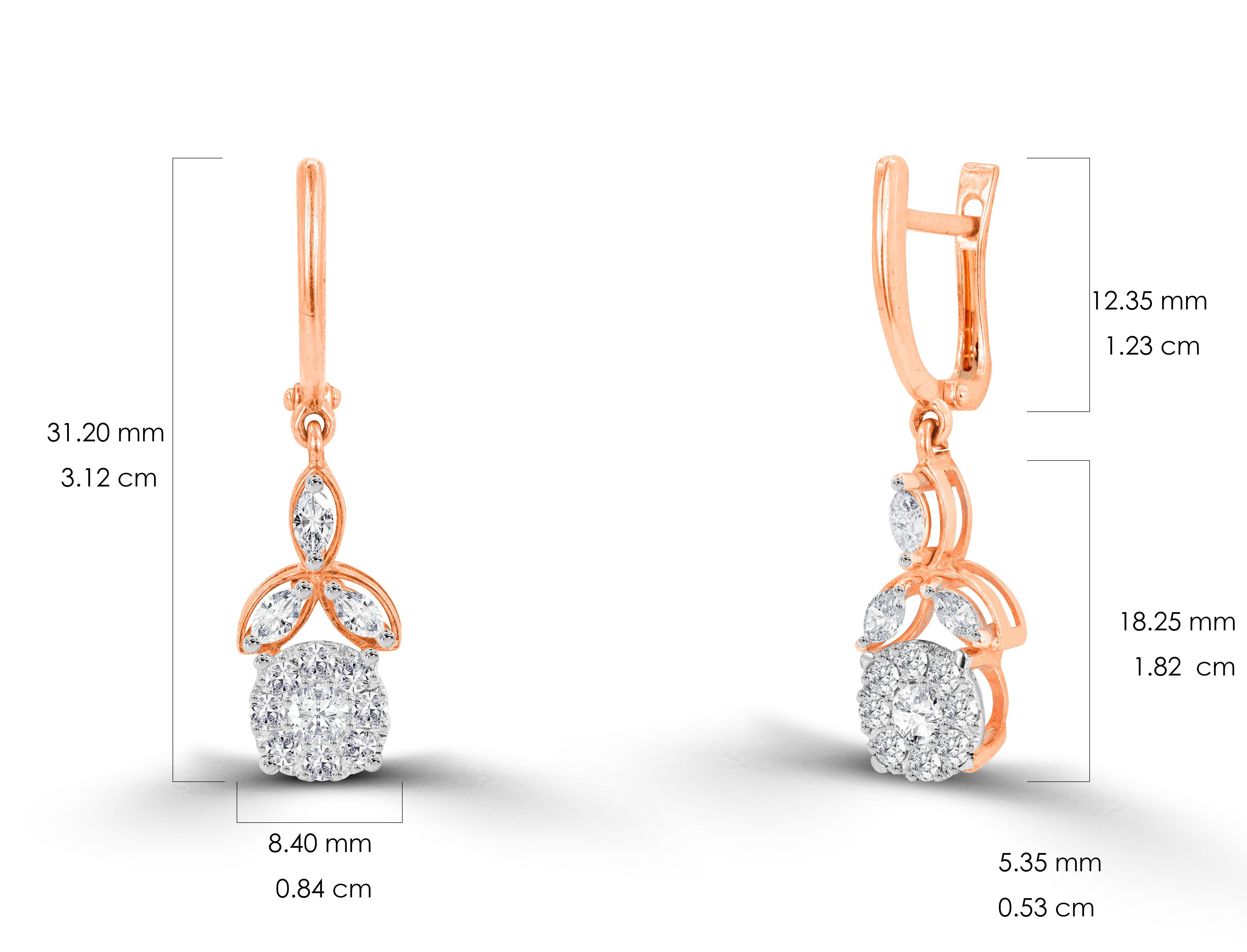 0.92ct Diamond Flower Drop Earrings in 14k Gold For Sale 2