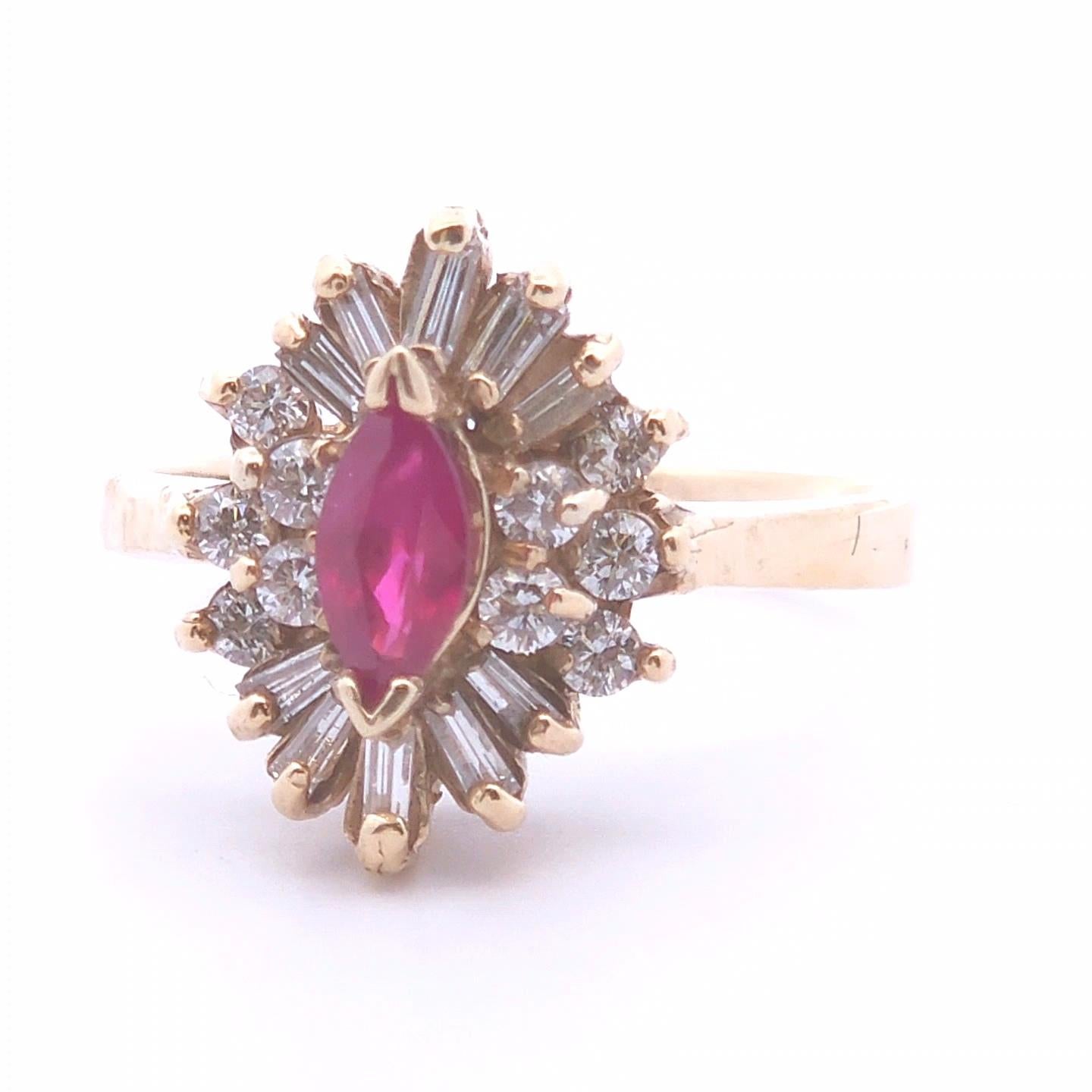 Marquise Cut 0.92ct Marquise Ruby Diamond Ring in 14k Yellow Gold For Sale