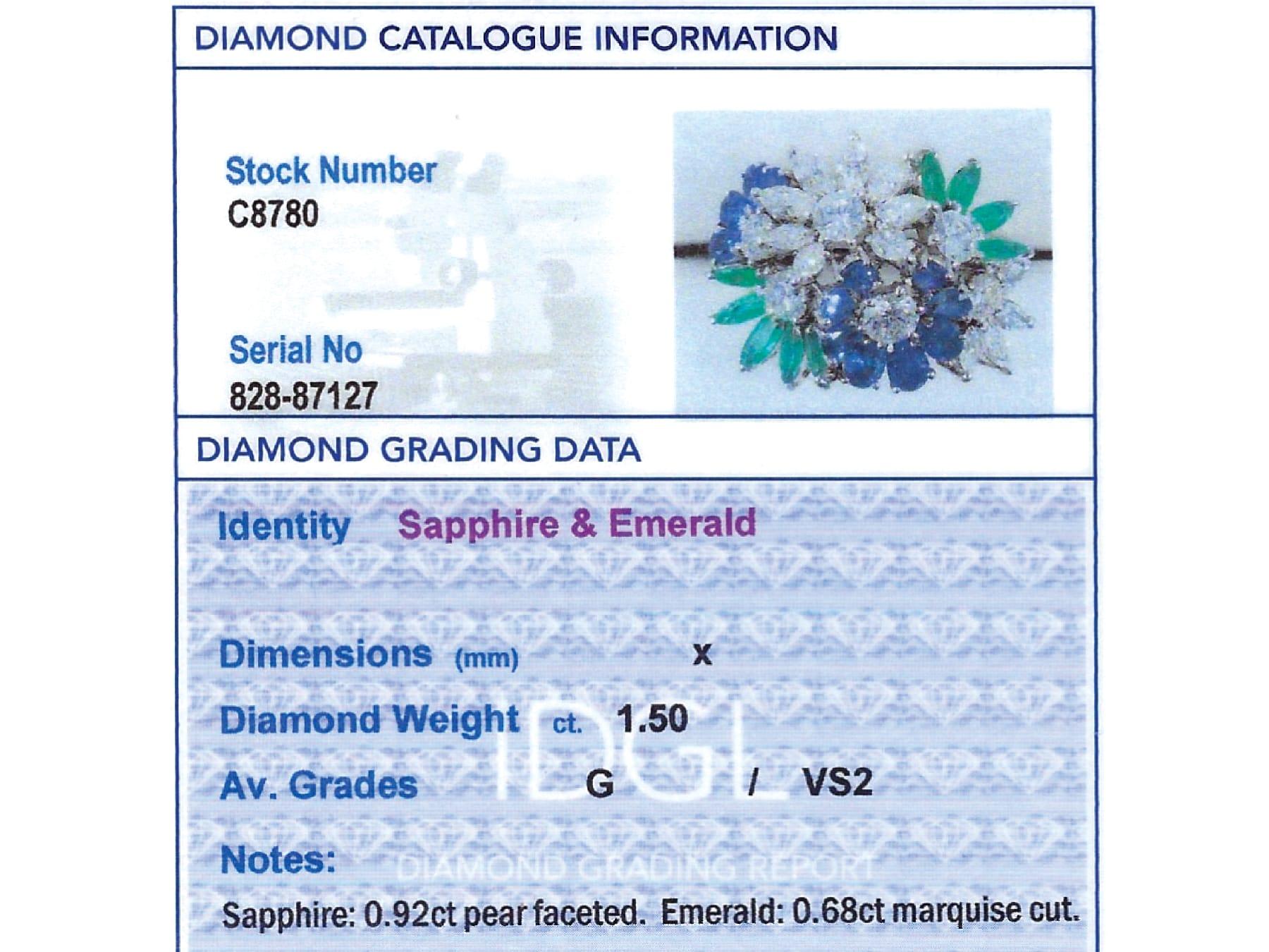 0,92 Karat Saphir, 0,68 Karat Smaragd und 1,50 Karat Diamant, Blumenring aus 18 Karat Weißgold im Angebot 4