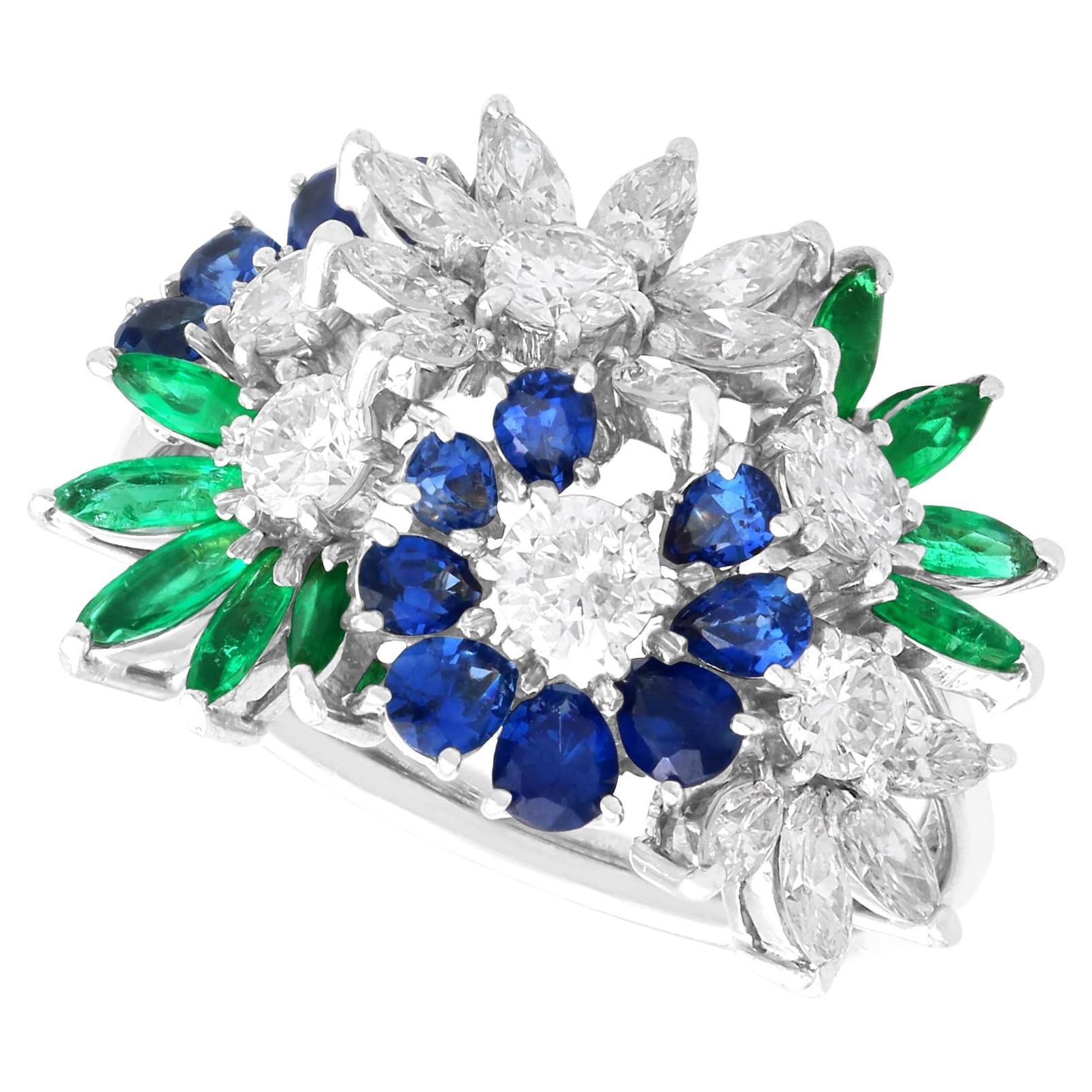 0.92Ct Sapphire, 0.68Ct Emerald and 1.50Ct Diamond, 18k White Gold Floral Ring